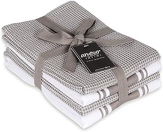 AMOUR INFINI Classic Kitchen Towels | 2 Stripe + 2 Waffle | 28 x 20 Inch, Over Sized | Multi-use Dish Towels |100% Ring Spun Premium Cotton | Highly Absorbent | Beige