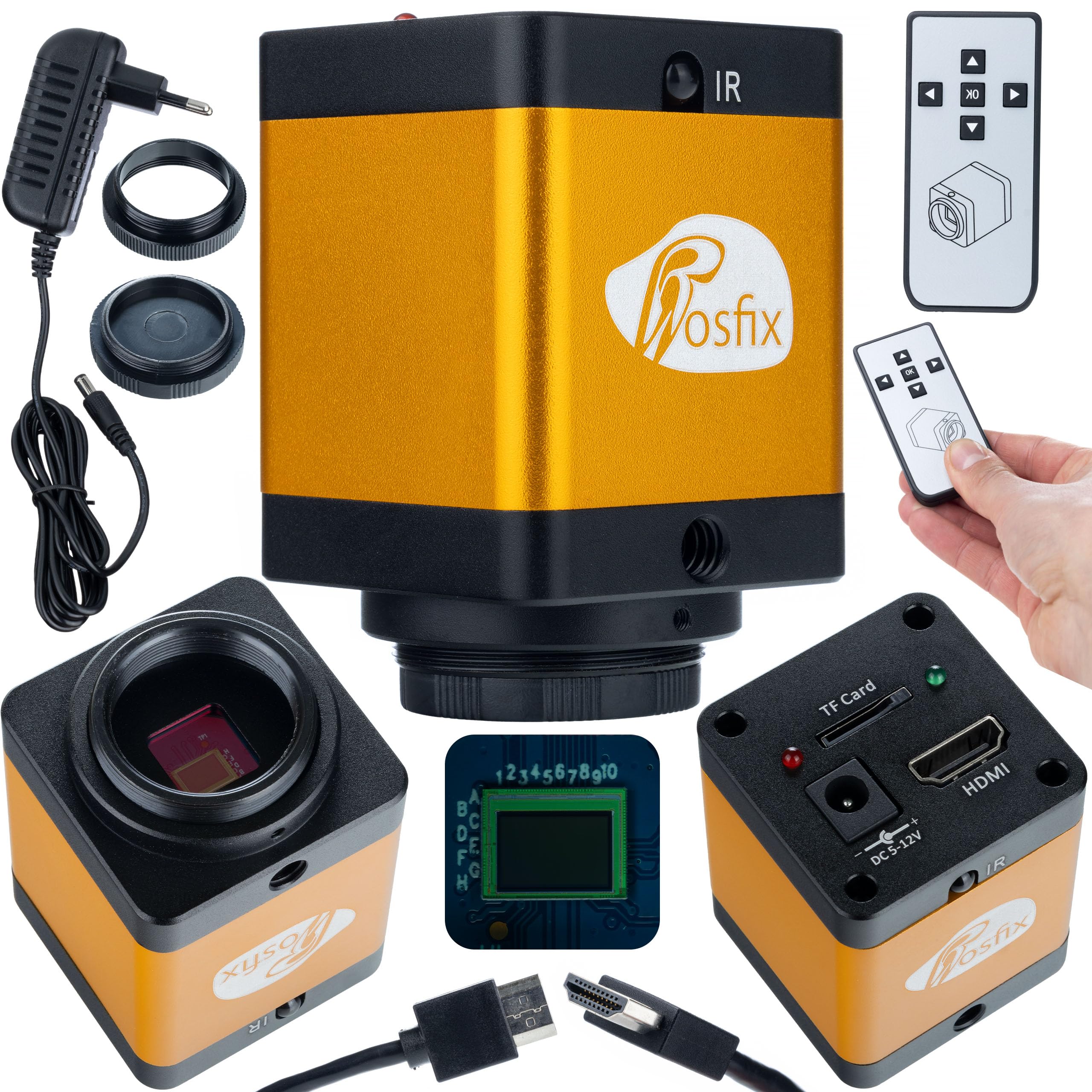 Rosfix PEGASUS Pro KMPP-HDMI-TF - Cámara microscópica | 12MP Micron CMOS, HDMI 720P, 1600x900 | Compatible con óptica C-Mount | Para laboratorio, educación, industria, carcasa de metal