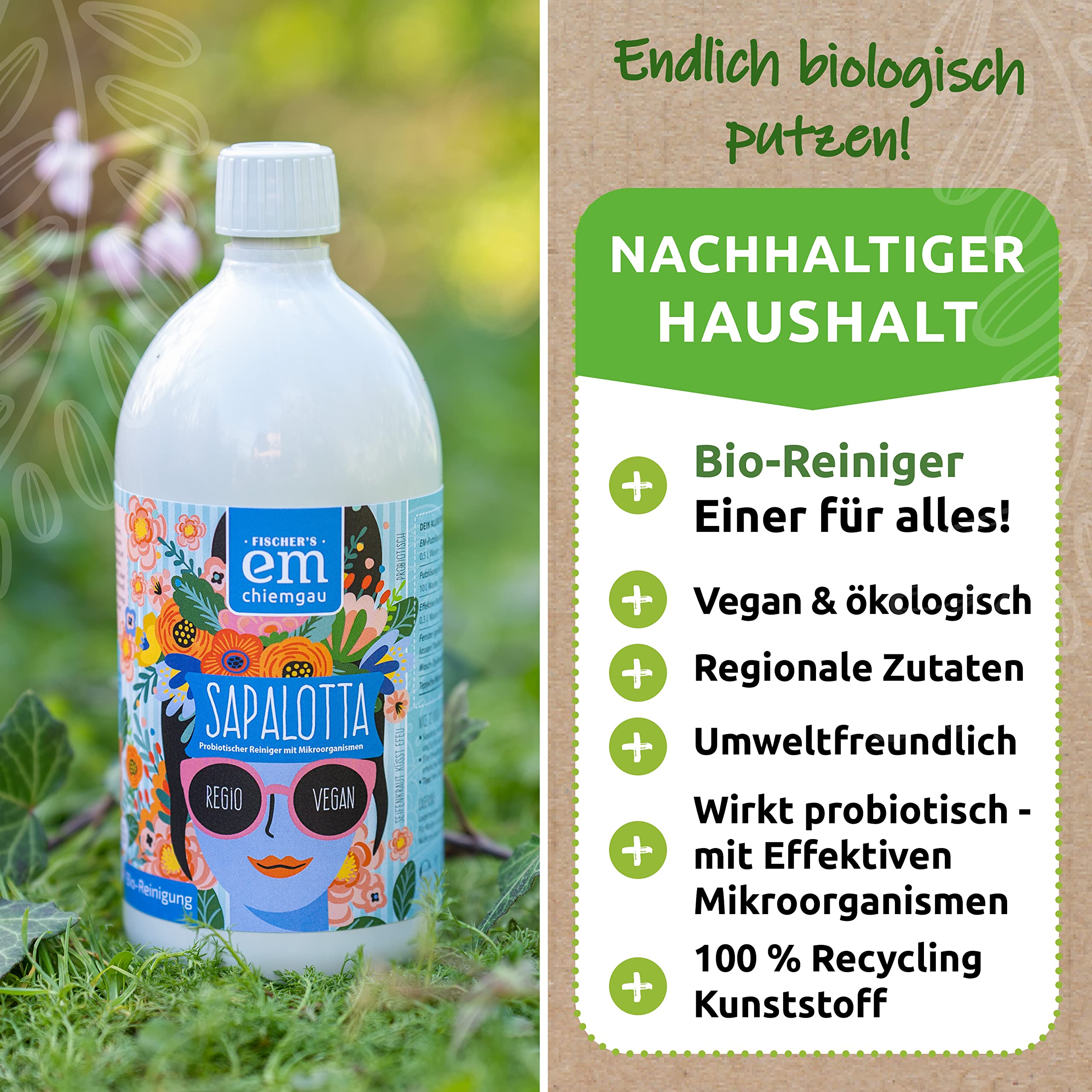 Fischer's EM-Chiemgau Sapalotta – Regionaler Allzweckreiniger mit Effektiven Mikroorganismen 5 L BiB – Seifenkraut & Efeu – Probiotischer Reiniger für alle Oberflächen – Vegan & ECOCERT zertifiziert