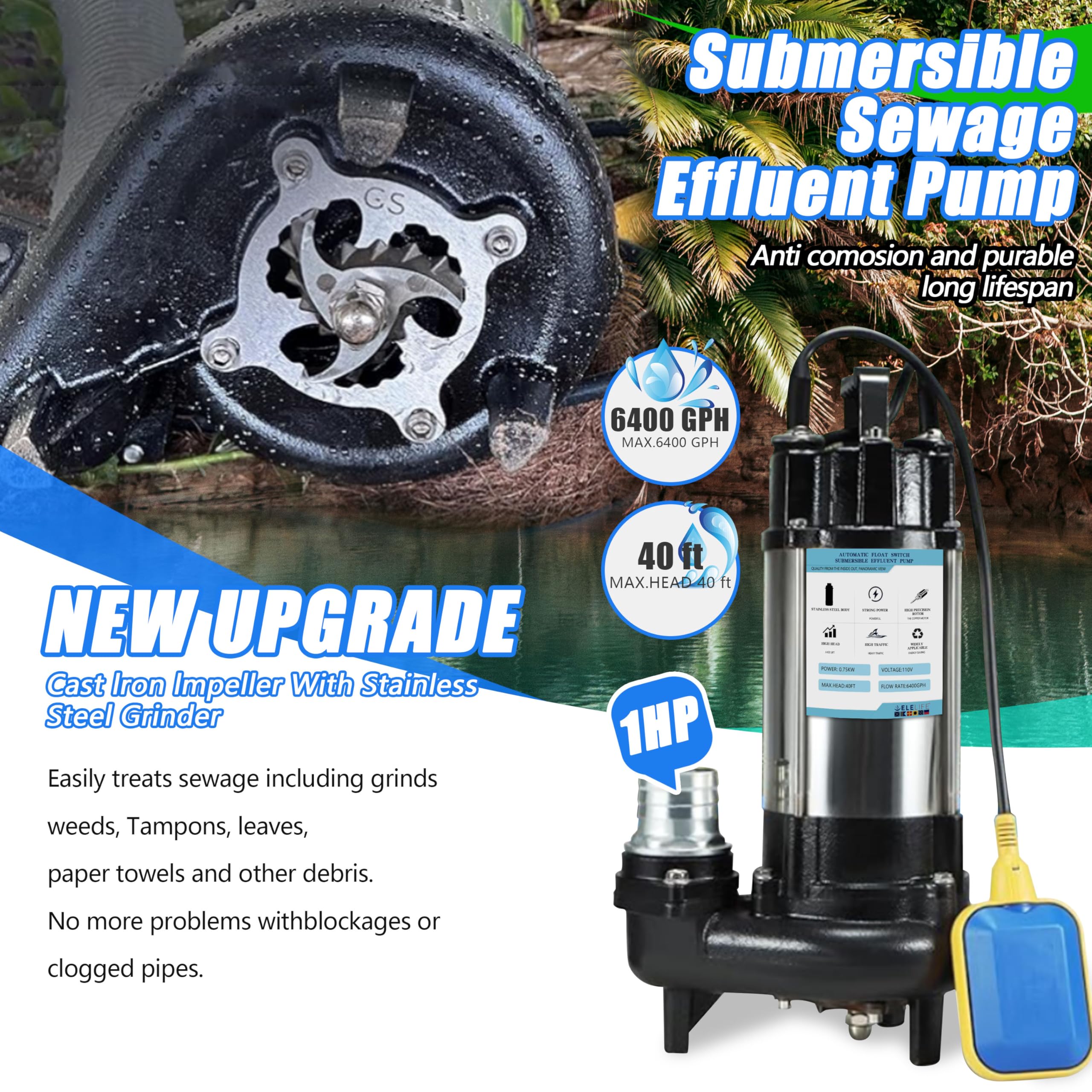 1HP Submersible Sewage Grinder Pump – 110V, 6400 GPH, Automatic Float Switch, Cast Iron, 2" NPT Discharge, For Basement & Sump Basin