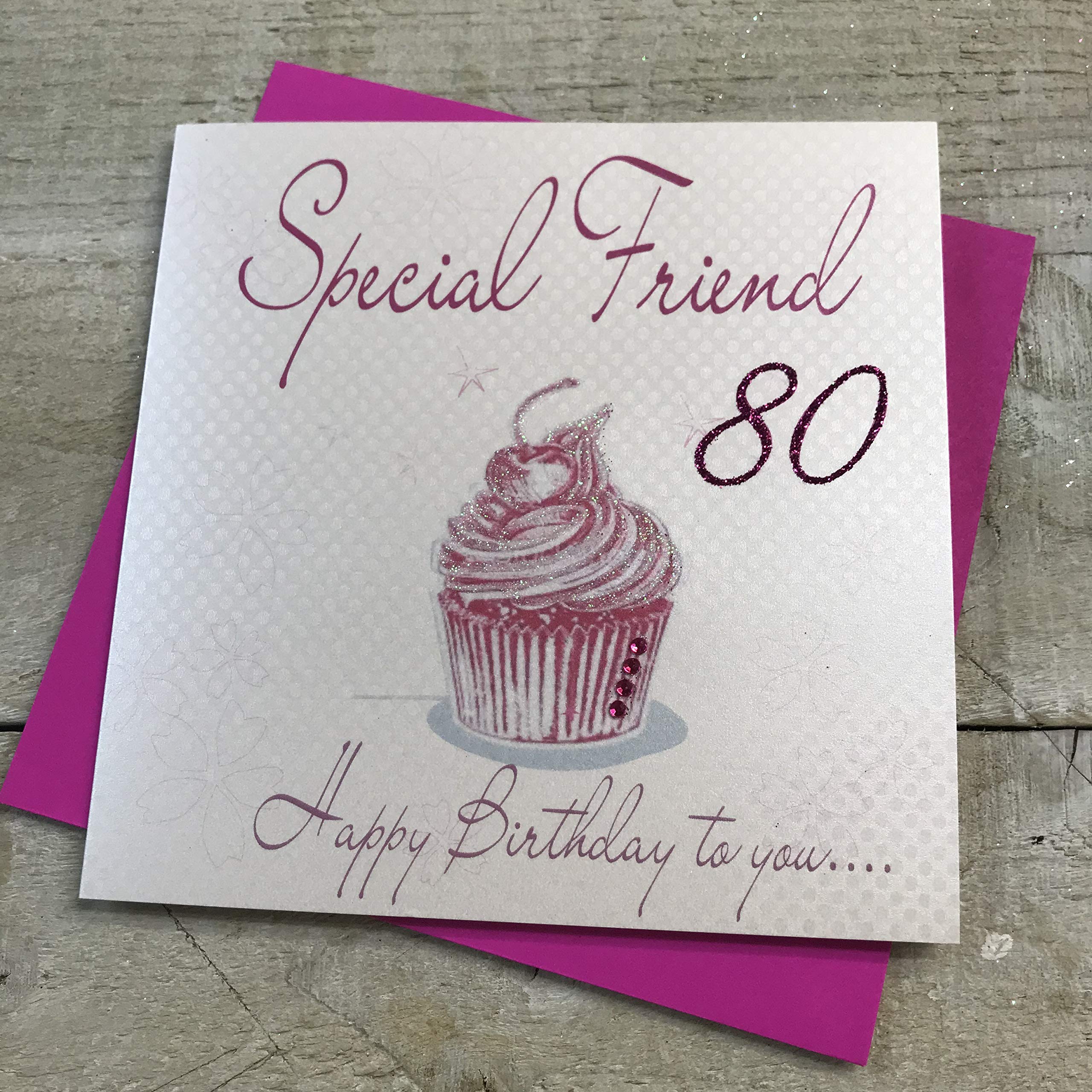WHITE COTTON CARDS Special Friend 80 Happy Handmade 80th Birthday Card (Pink, Cupcake)