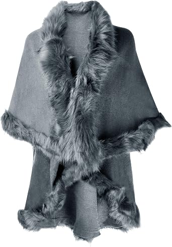 ZLYC Women Fine Knit Open Front Faux Fur Trim Layers Poncho Cape Cardigan Sweater