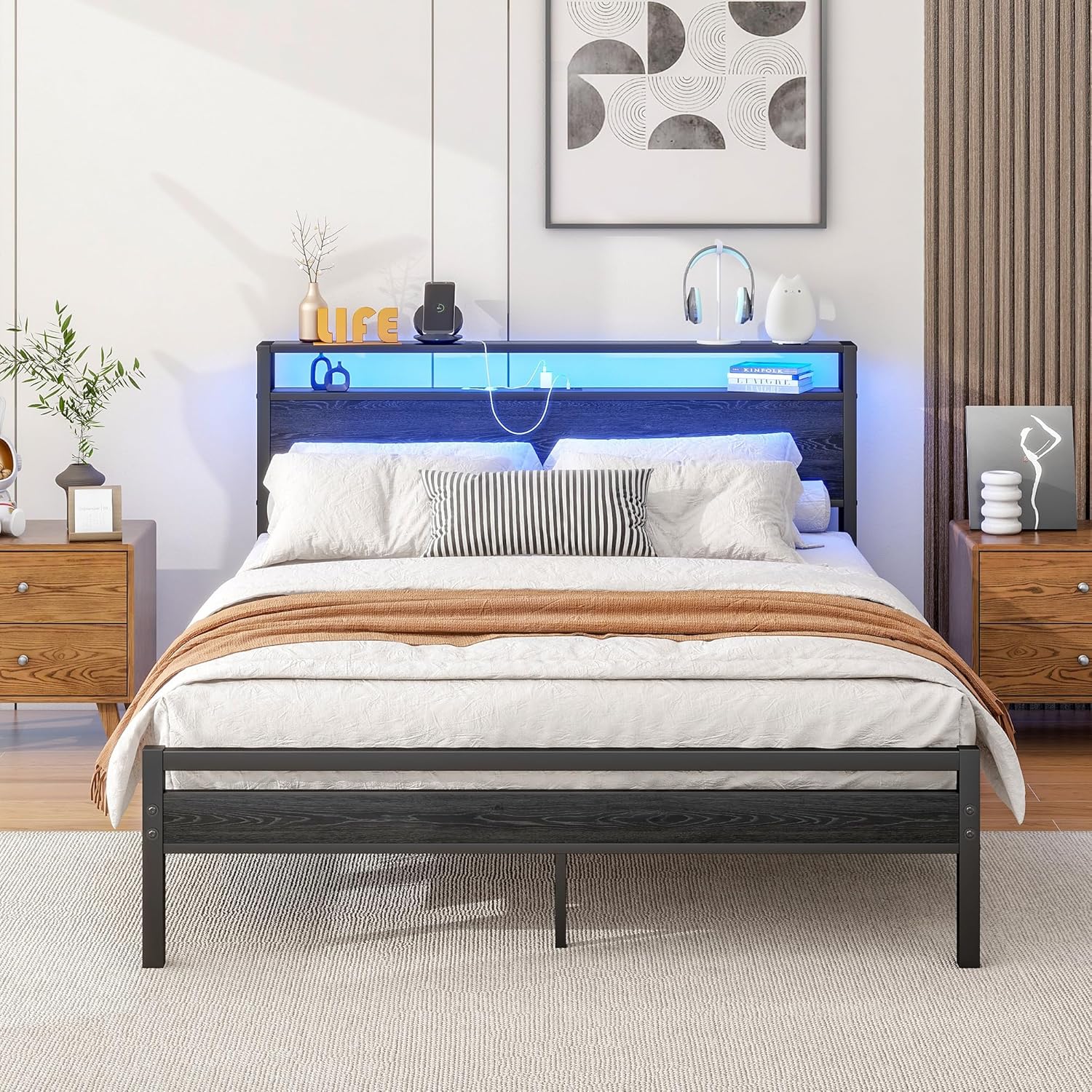 HOJINLINERO Queen Bed Frame with Storage Headboard,Bed Frame Queen Size with Charging Station & LED Lights,Metal Platform Bed No Box Spring Needed,Mattress Foundation,Heavy Duty Slats,Noise Free,Black