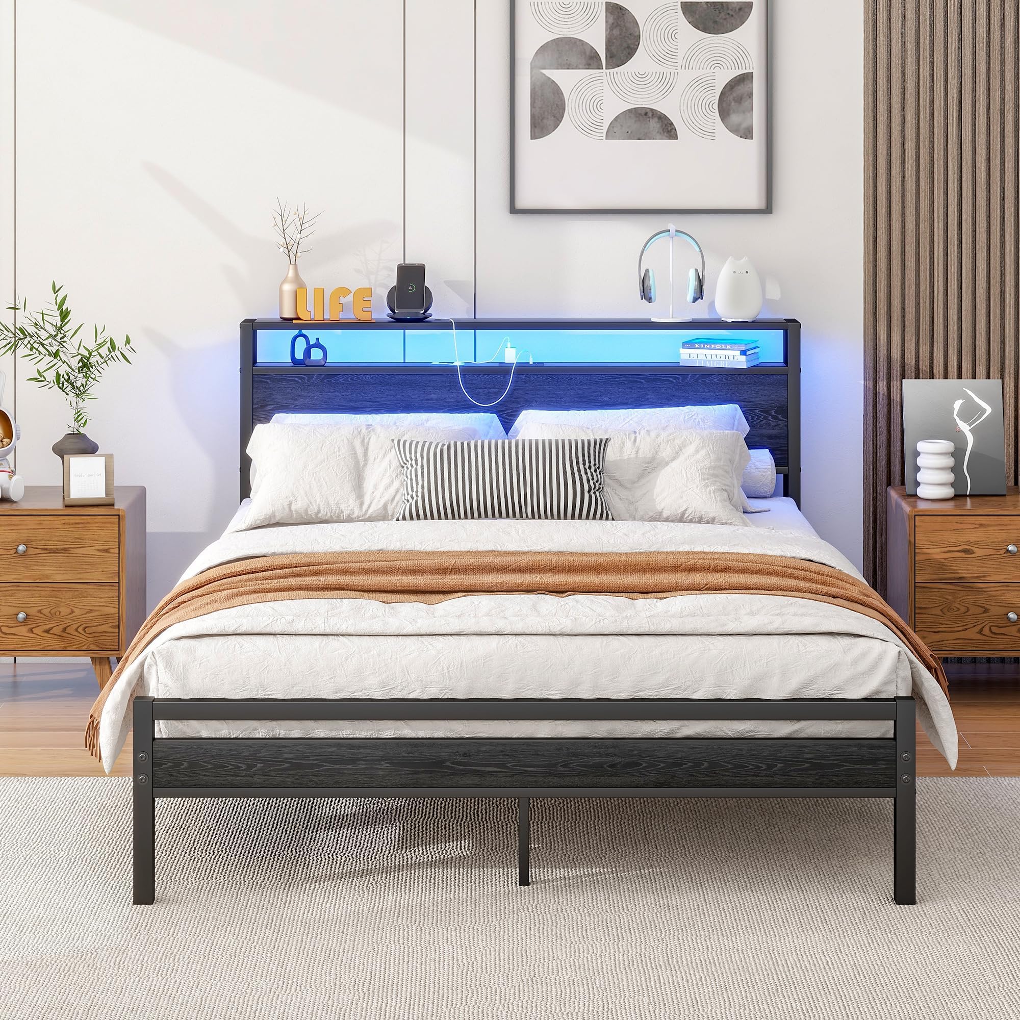 King Size Bed Frame with Storage and LED Lights,Metal Bed Frame King size with Charging Station Bed Base/Mattress Foundation/UnderBed Storage/Strong Steel Slat Support/Easy Assembly,Black 150x200cm