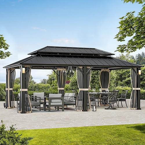 Modern Shade The Horizon Hard Top Gazebo 12' x 20' with 4 LED Lights, Permanent Hardtop Gazebo with Galvanized Steel Double Roof, Metal Gazebo with Decor Hooks, Mosquito Nettings for Patio, Black