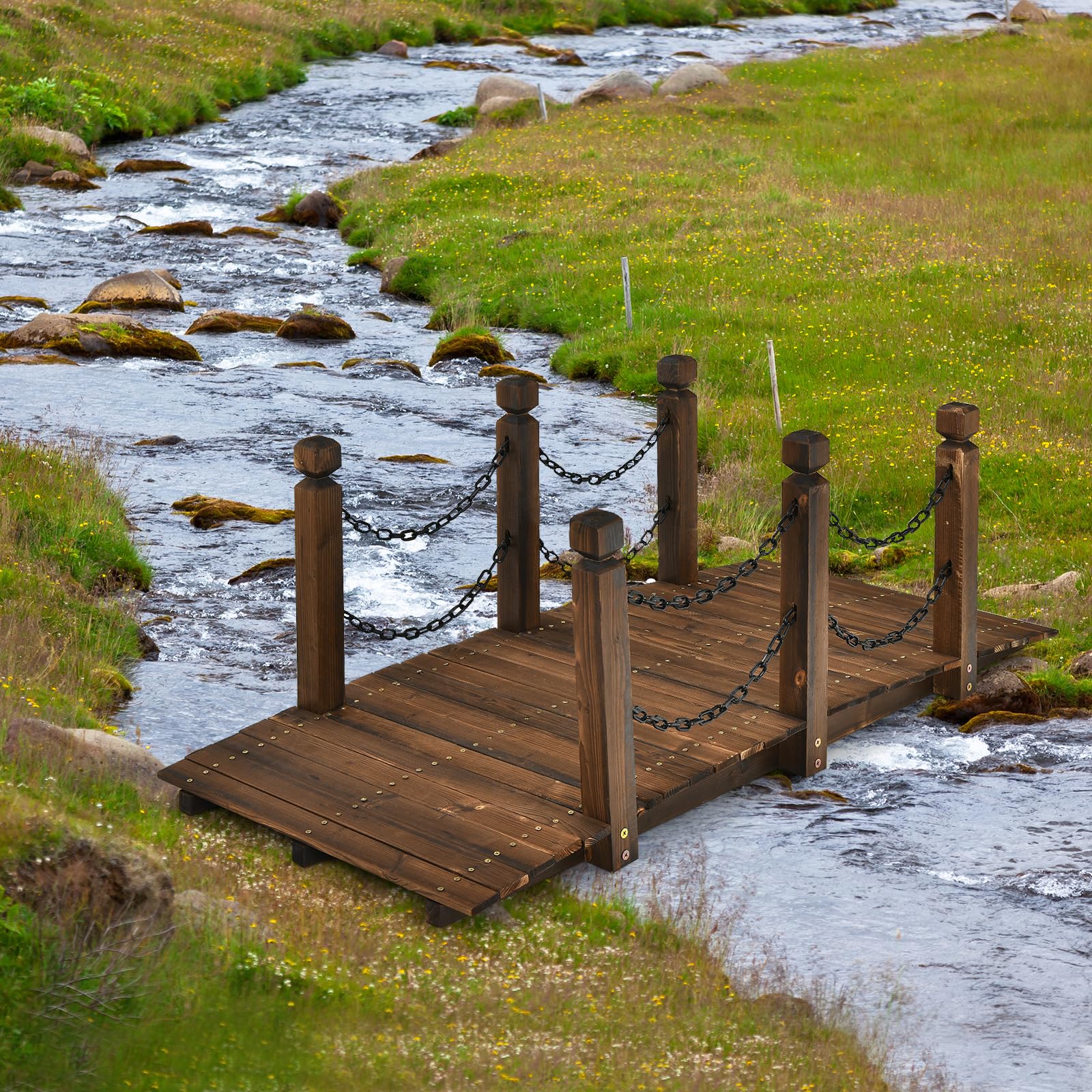 SOARS Puente de Jardín Madera con Barandilla y Cadenas, Puente de Pie Decorativo de Abeto con Capacidad de Carga de hasta 180 Kg, 150 x 67 x 55 cm, Puente Decorativo para Jardín, Estanque y Arroyo