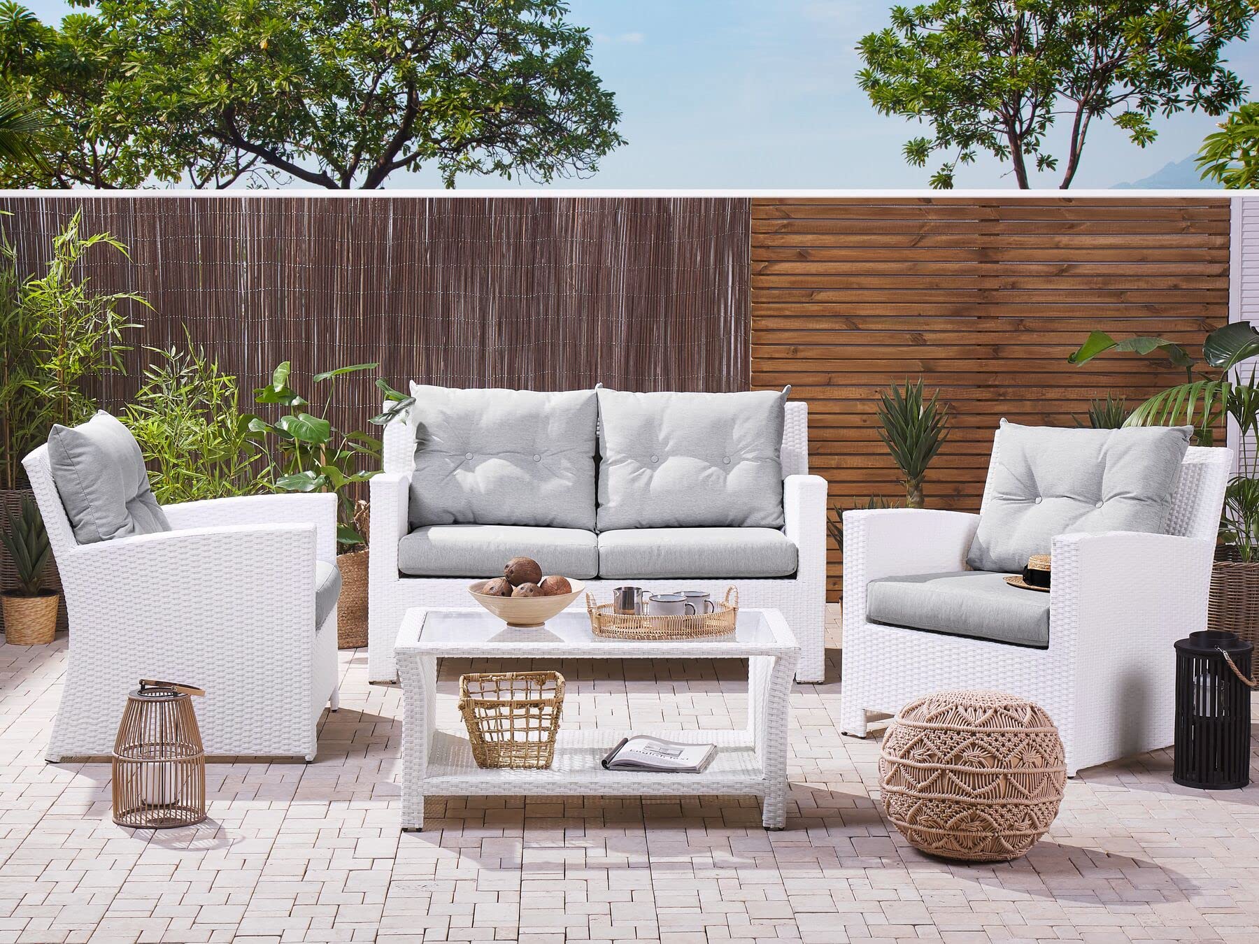 DEVOKO Outdoor Sectional Sofa Set with Weaving Wicker, HDPE Rattan Center Table, and Cushions for Porch, Lawn, Garden, Backyard (White & Light Grey)