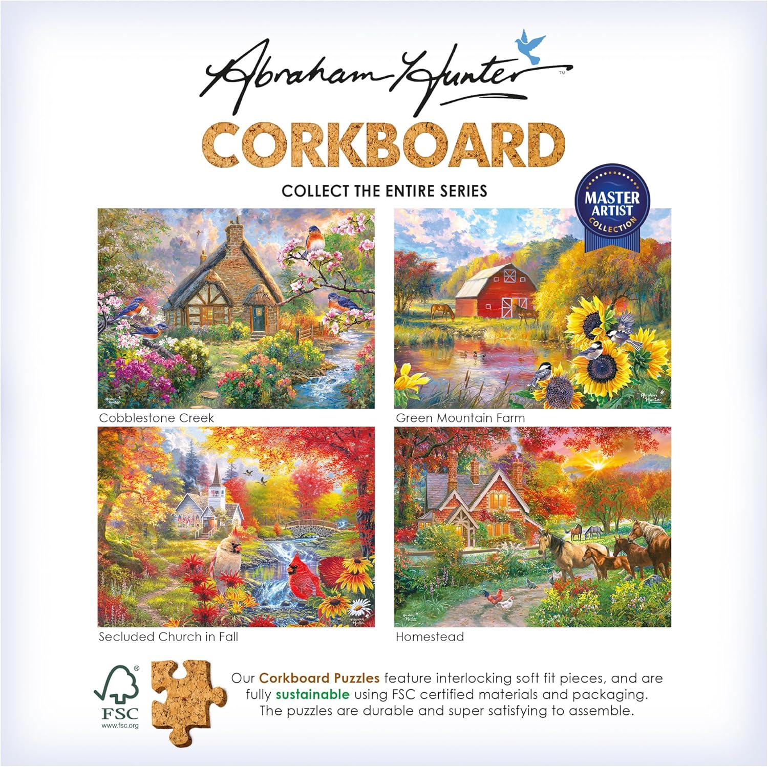RoseArt - Abraham Hunter Cork Puzzle - Secluded Church in Fall - 1000 Piece Jigsaw Puzzle for Adults