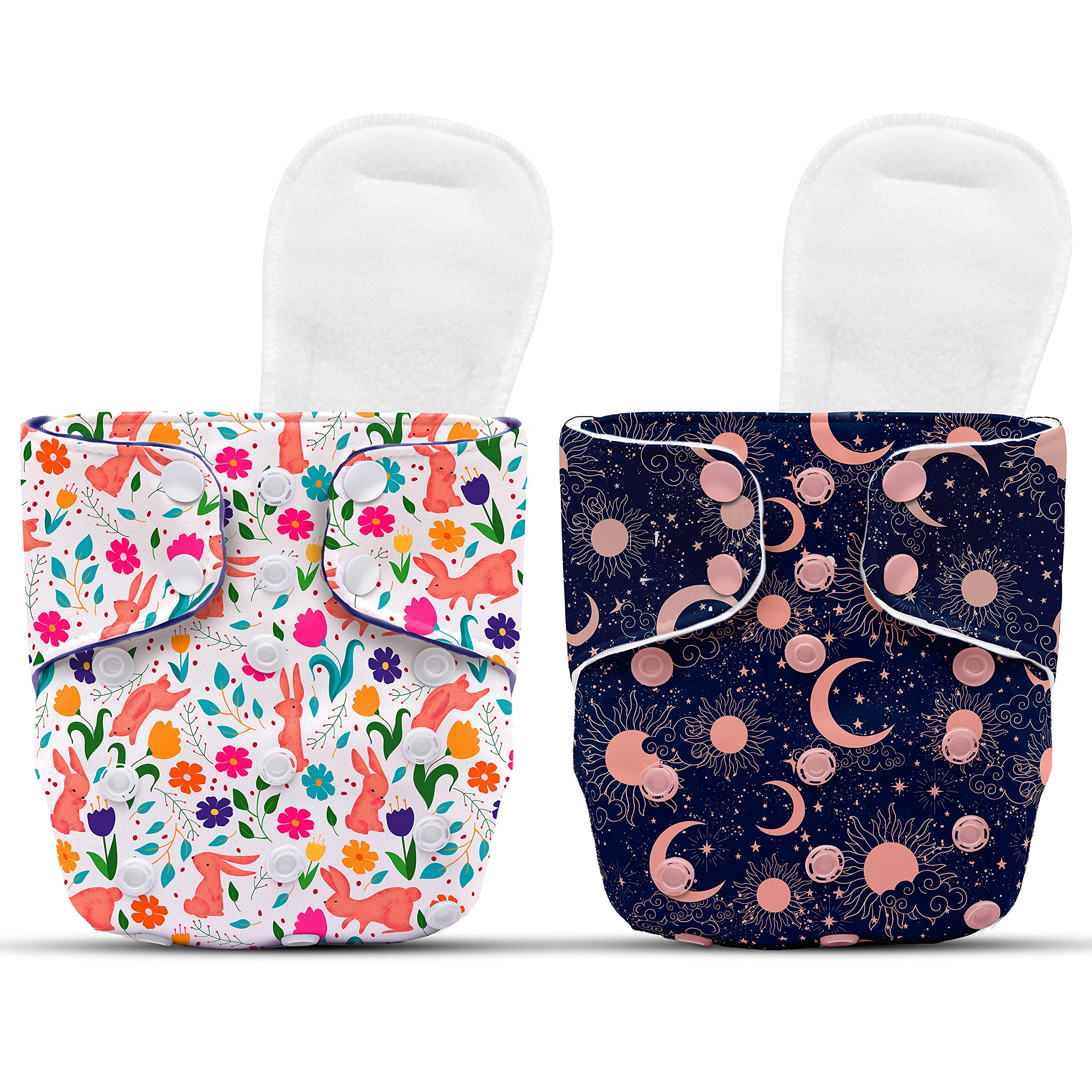 BECKER bunny Free Size Cloth Diapers with Insert Pads - DUO, Super Soft Reusable Baby Diapers with RAPISOAK Technology - 2 Washable Diapers for Babies from 3 to 36 Months - Twilight & Sunny Bunny