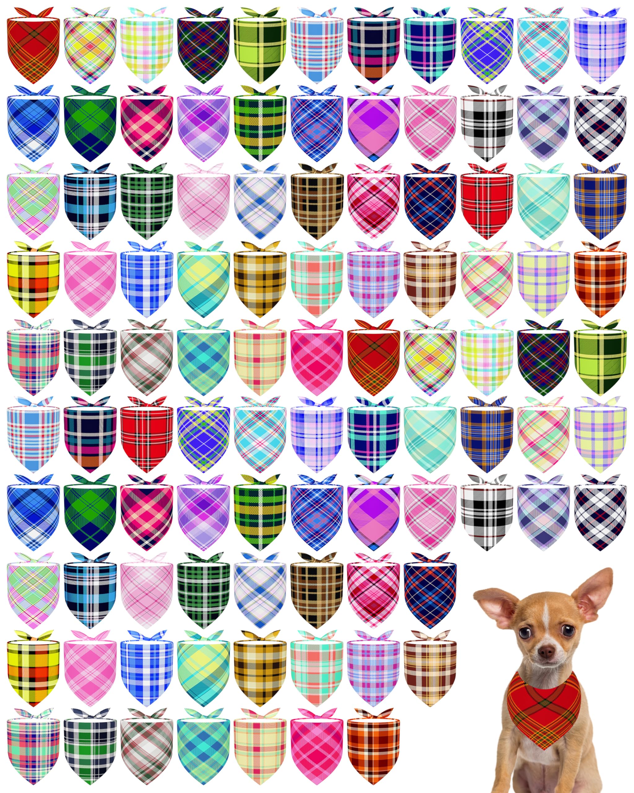 PET SHOW 100 Pack Plaid No Seam Dog Bandanas Bulk XS for Small Dogs
