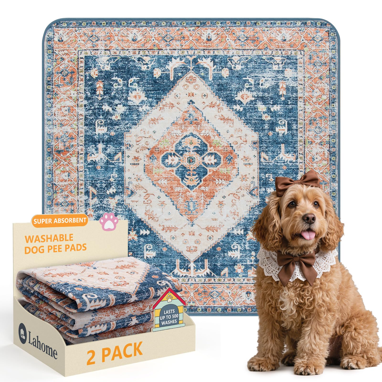 Lahome Super Absorbent Washable Pee Pads for Dogs - Secure Floor Protection - Non-Slip, Leakproof Reusable Pads for Training, Crates &amp; Playpens (2 Pack, 36"x36", Beige Blue)