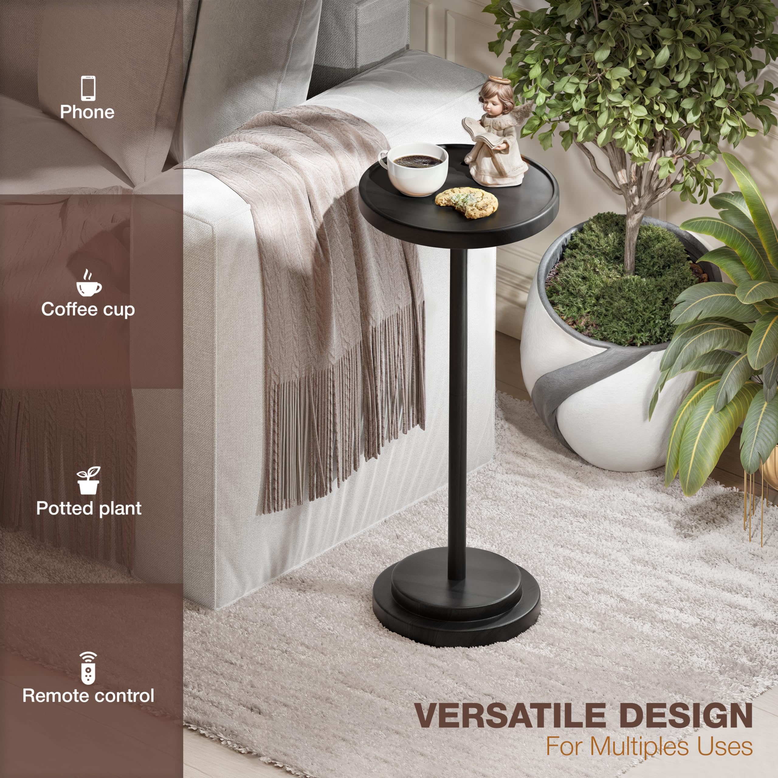 Mesa de bebidas, mesa auxiliar compacta de 24.4 pulgadas de alto con ranura para teléfono y base pesada, mesa de pedestal duradera para sala de estar (base escalonada, negro) 5