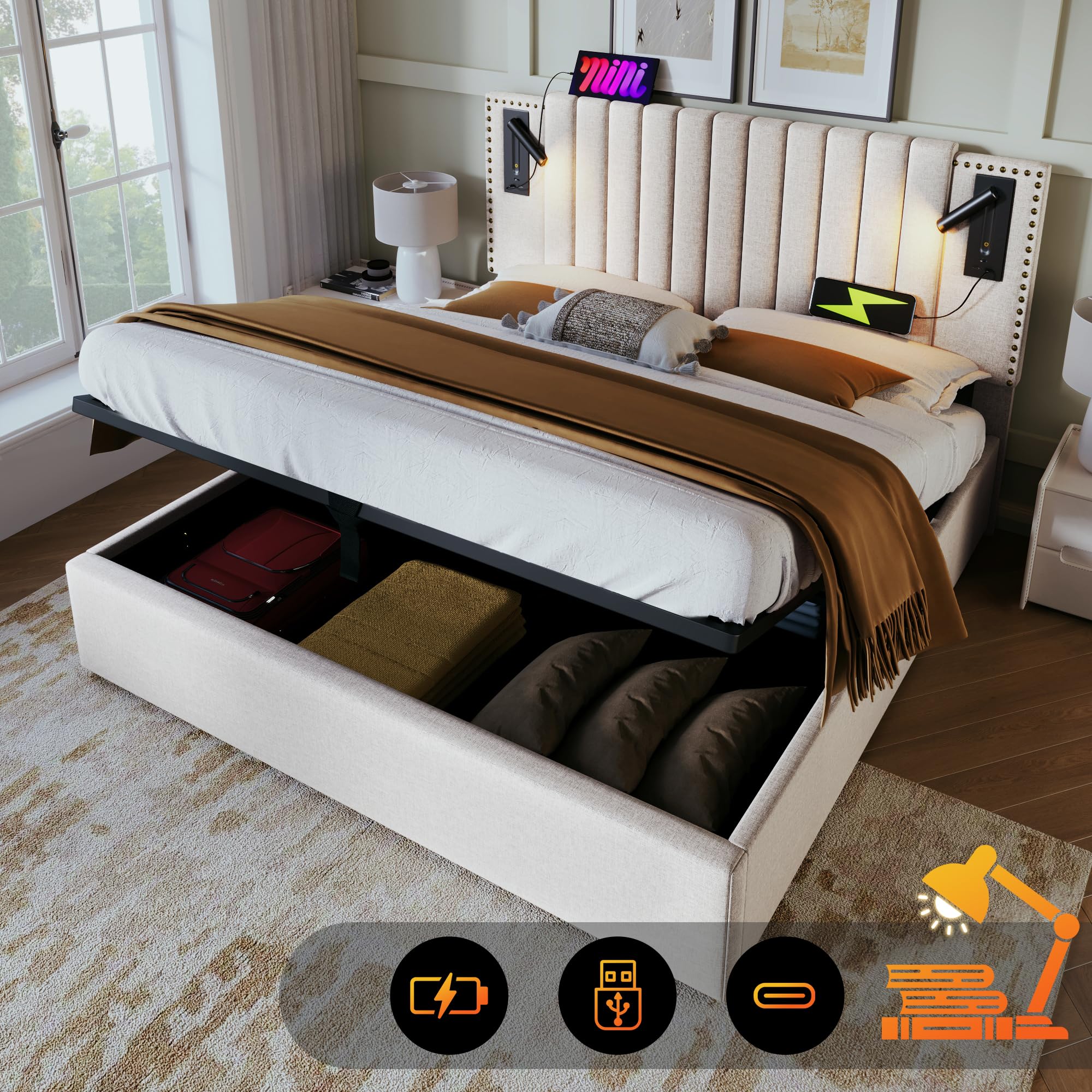 Letto imbottito idraulico luce lettura con funzione ricarica USB testiera letto matrimoniale king size schienale rivettato letti familiare contenitore adulti gli ospiti beige con materasso 160x200