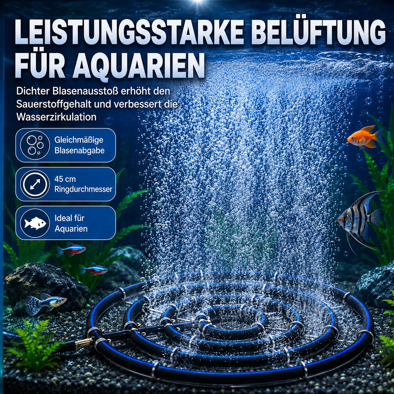 Japan Belüfterring Koi Teich Belüftung Sauerstoff, Edelstahl Teichbelüfter mit Luftschlauch, Japanischer Ausströmer für Koiteich, Sauerstoffanreicherung im Gartenteich (Ø45cm 4 Schlaufen)
