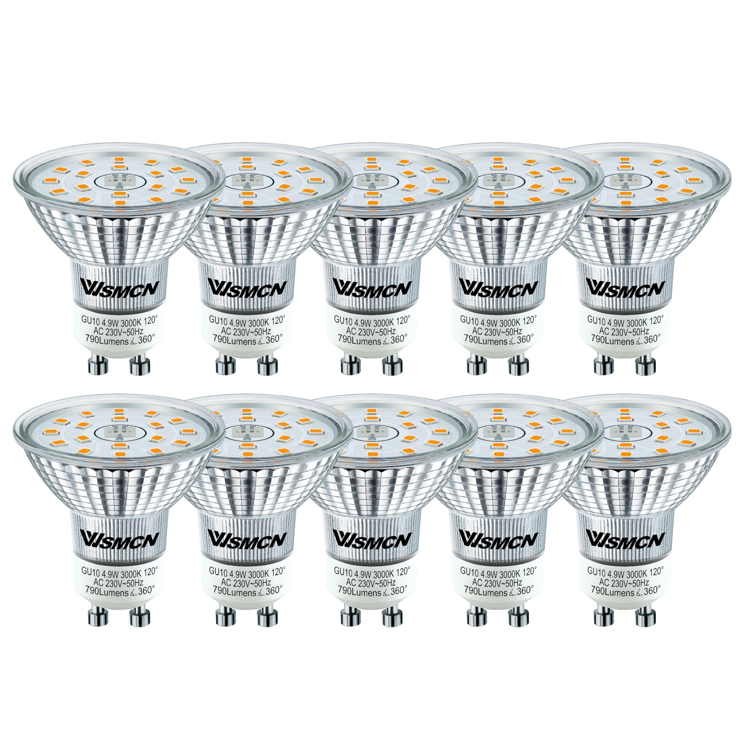 WSMCN GU10 LED Warm White Energy Class C Bulb, 4.9W Replaces 100W Halogen Bulb, Reflector Bulb 790 Lumens 3000K, AC 230V Flicker-Free Spotlight, 120° Beam Angle, Non-Dimmable, Pack of 10
