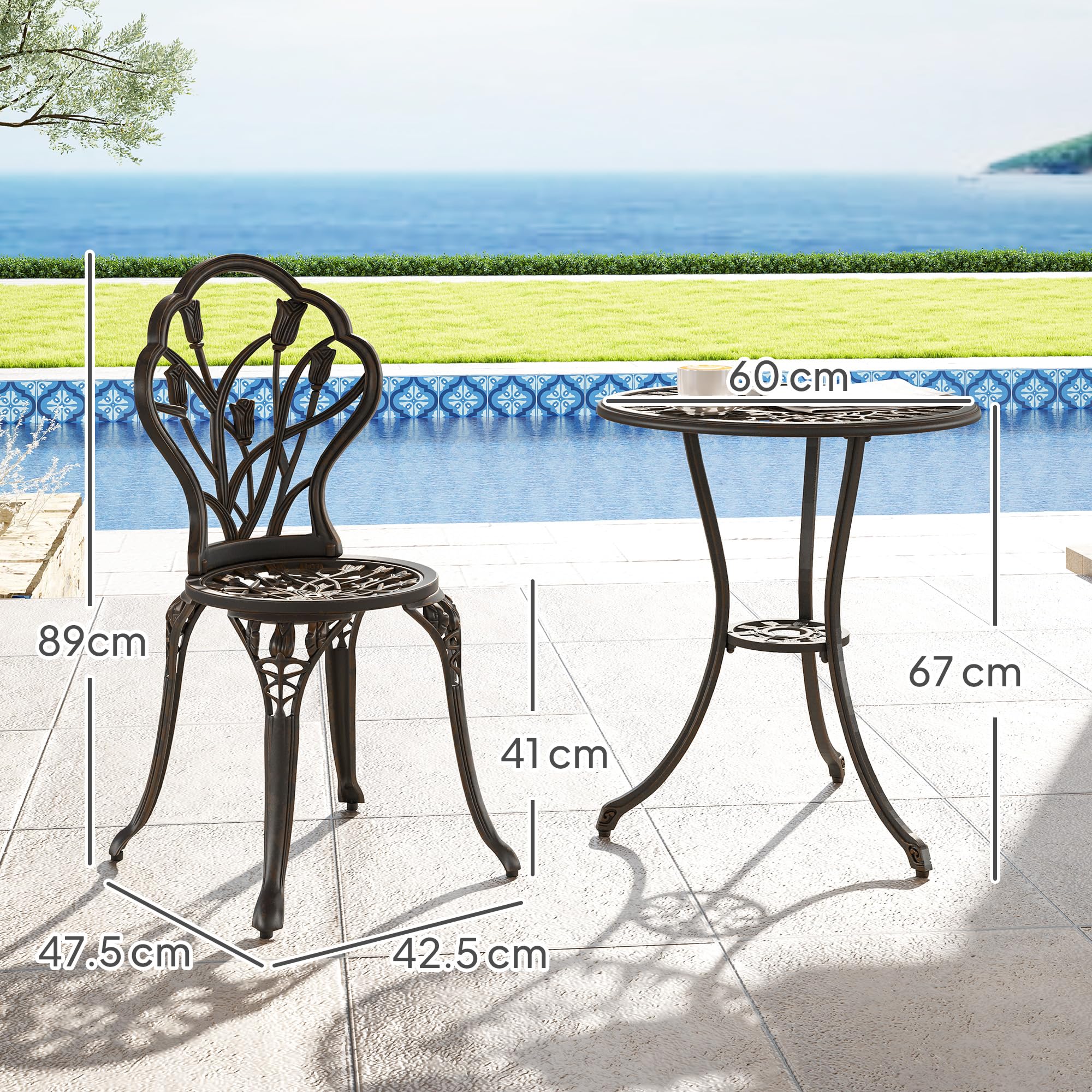 Outsunny Set de terraza de Exterior de 3 Piezas con 2 sillas de jardín y Mesa Redonda con Orificio para sombrilla, Juego de Mesa y sillas de balcón de Aluminio, para Patio, jardín, Bronce | Mesa redonda de exterior con 2 sillas, juego de balcón de alumini