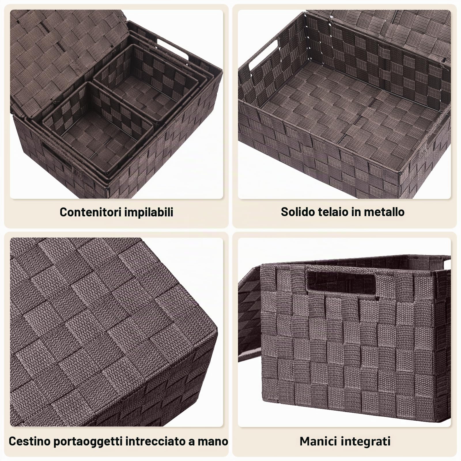 Uvellgift Set di 5 scatole portaoggetti da 34 cm con coperchio, impilabili, multiuso per riporre e organizzare bagno/stanza/asciugamani/trucchi (marrone)