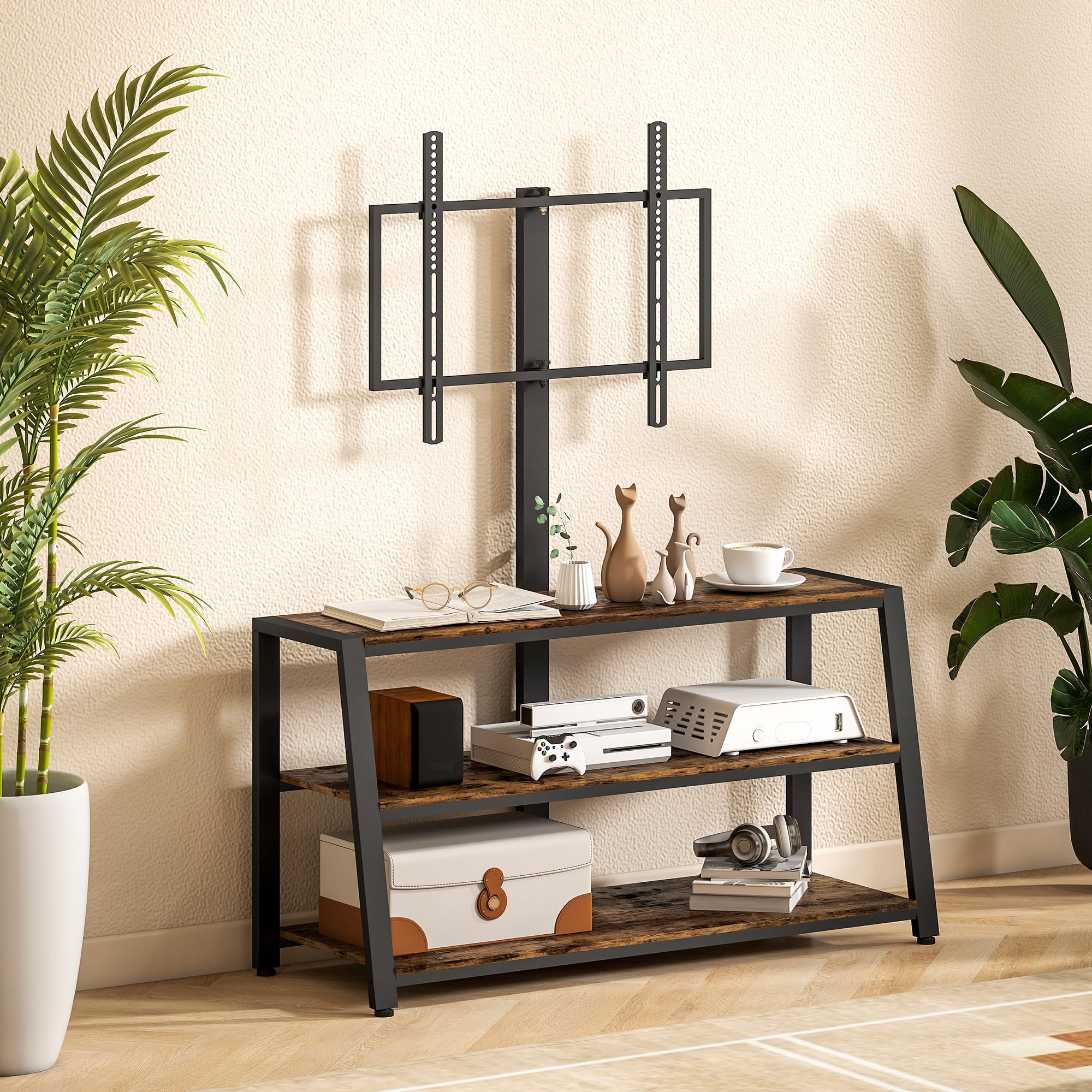 HOMCOM Meuble TV avec Support orientable 35°, Meuble télé pour téléviseurs de 32-70 Pouces, étagères Ouvertes, Banc TV Industriel pour Salon Chambre à Coucher, 108x41x135cm, Marron