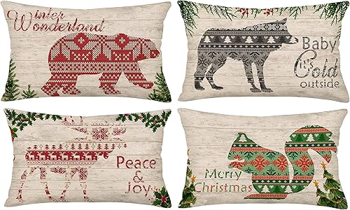 Juego de 4 fundas de almohada decorativas de Navidad de 12 x 20 pulgadas, diseño de animales de bosque de invierno, alce, ardilla, lobo, feliz