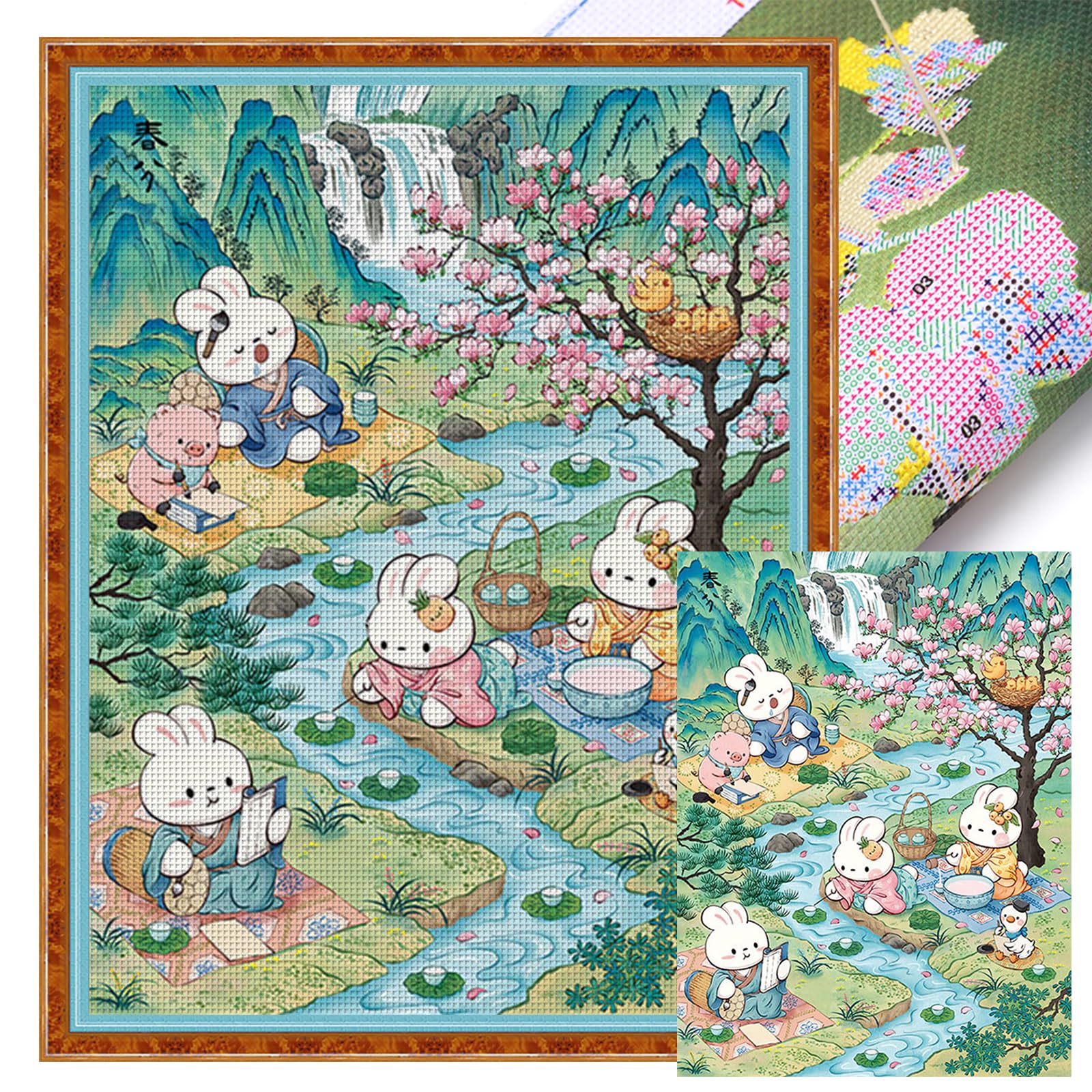 POETRYDRAW Spring Equinox Rabbit Full 11CT DIY Stamped Embroidery Needlepoint Starter Kits 55x70cm Cross Stitch Kits for Beginners Adults Home Decor (Animal A)