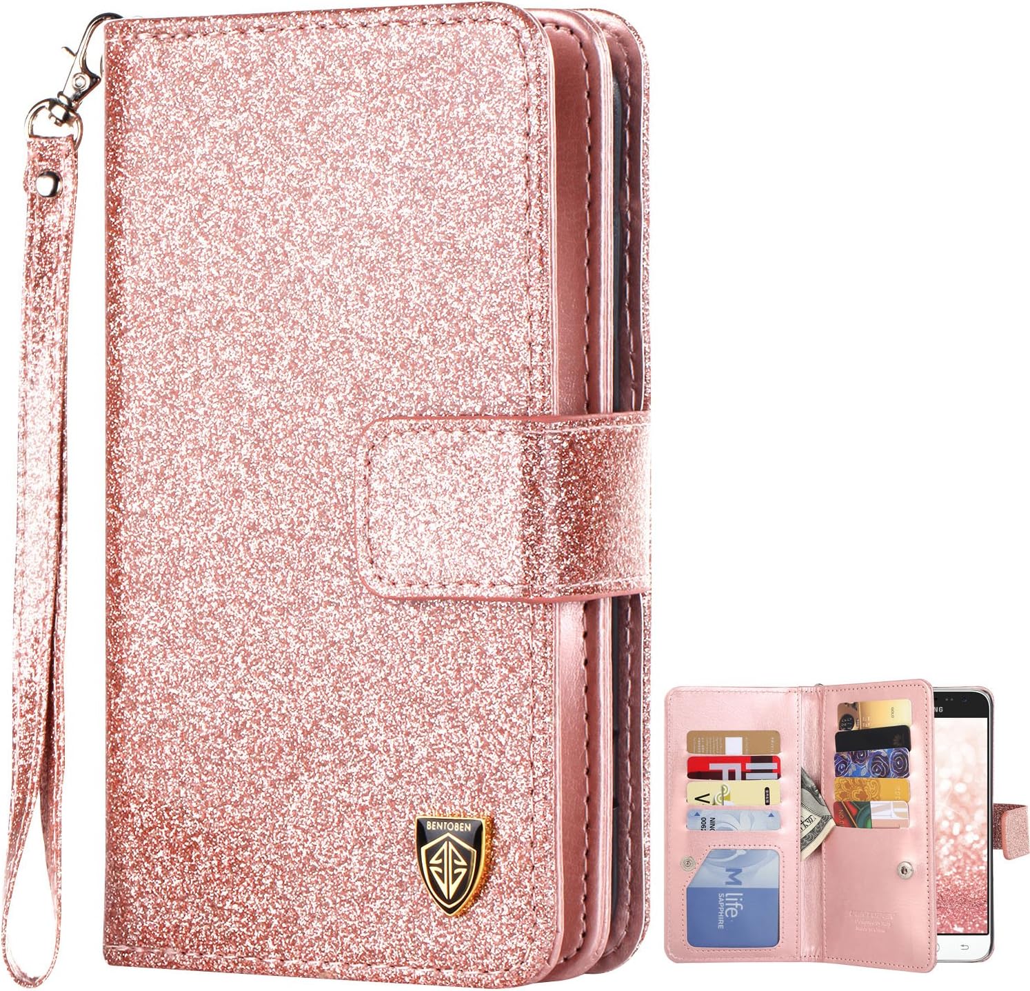 BENTOBEN Galaxy J3 Wallet Case,J3 Case,Galaxy J3 Case,Galaxy J3 2016 Case, Glitter Bling Bling Faux Leather Flip Credit Card Holder Wristlet Shockproof Protective Wallet Case for Girls,Rose Gold