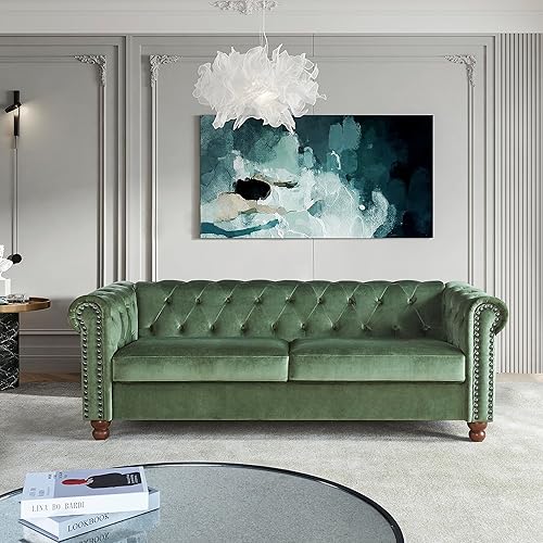 80.3'' Chesterfield Sofa Loveseat with 2 lumbar pillows, Classic 3 Seat Tufted Upholstered Couch, High-tech Fabric Sleeper Sofa with Nailhead Scrolled Arms for Living Room Apartment Office, Green