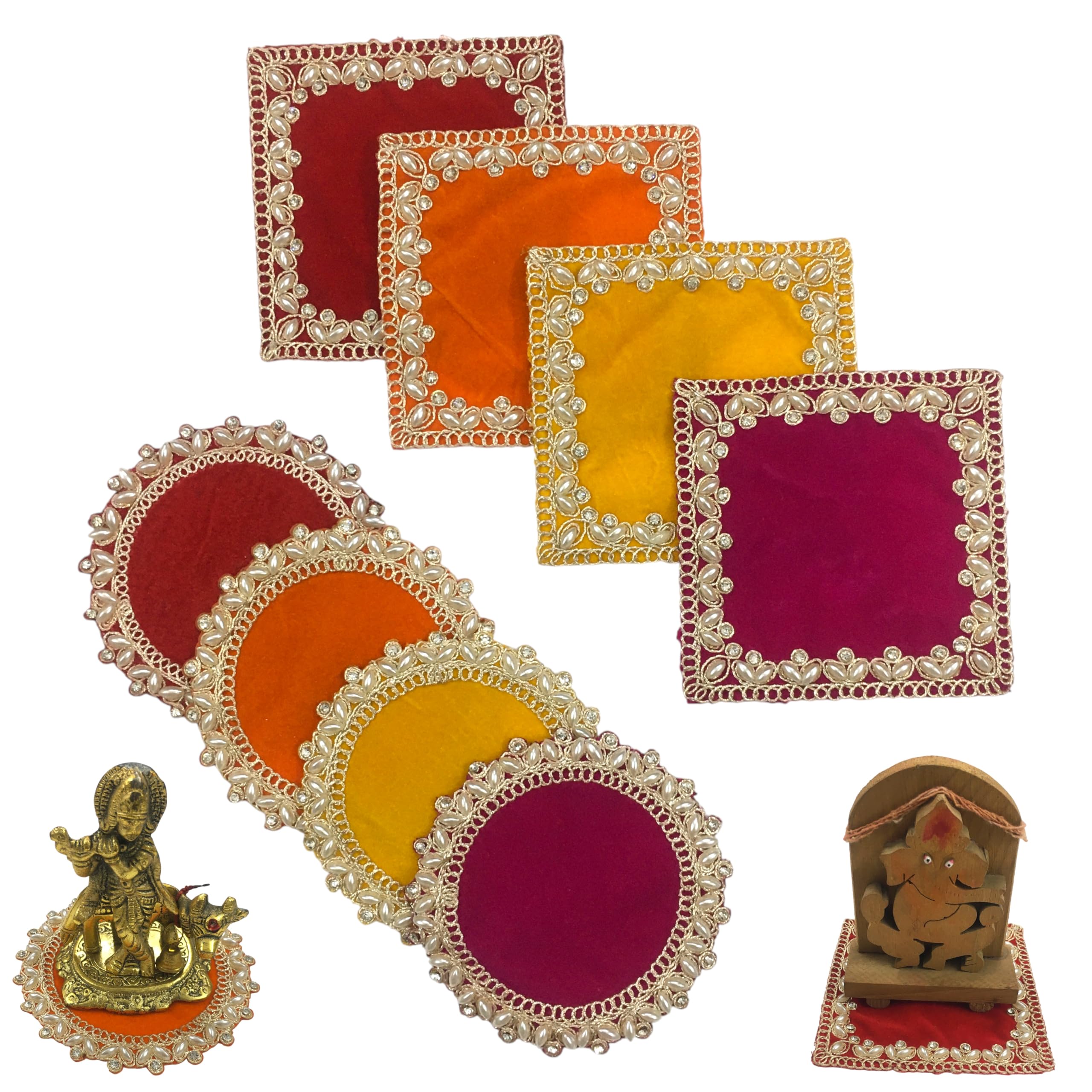 EMBROINDIA Velvet Pooja Aasan for God Idol | Decorative Chowki Cloth | 4x4 Inch Round & Square Aasan for Mandir, Ganesha, Lakshmi, Pooja Decoration-image-32