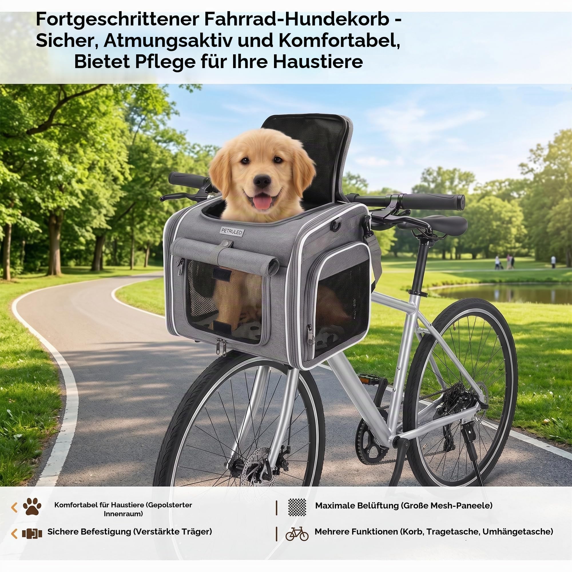 Hundekorb Fahrrad Vorne, Faltbarer Atmungsaktiver Hundefahrradkorb Vorne mit 4-Offenen Türen & 4 Mesh-Fenster, Erweiterbarer Hunderrucksack Hunde-Fahrradkorb Haustier-Reisetasche für Katzen und Hunde