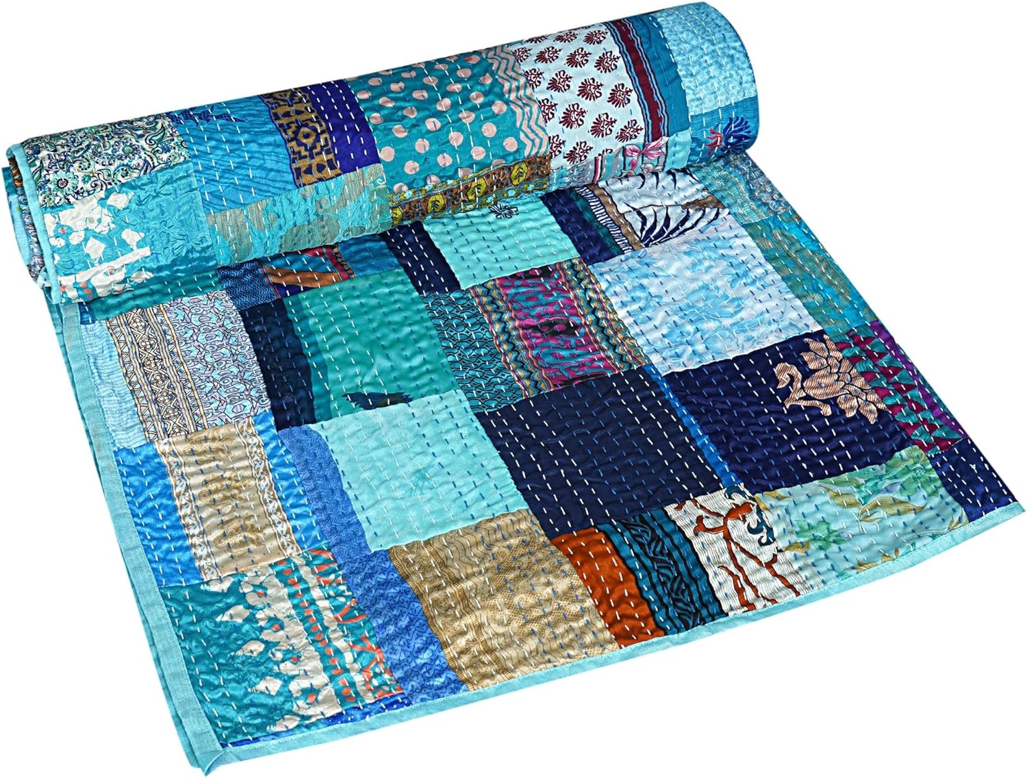Silk Patchwork Kantha Quilt | Hand-Stitched Vintage Saree Quilt | Reversible Boho Bedspread & Throw | Lightweight Handmade Bedding Décor, (Turquoise, Twin, 60 x 90 Inches)