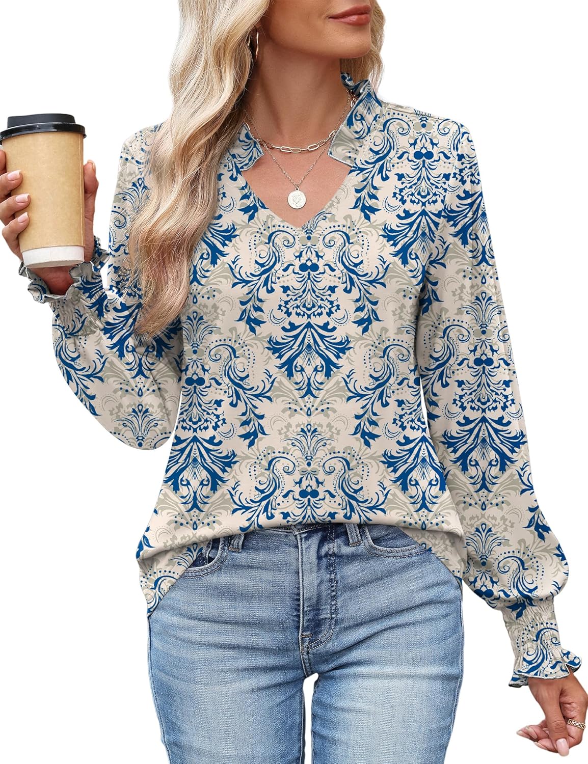 Kistore Long Sleeve Shirts for Women Pleated Cuffs Dressy Business Casual Blouses 2025 Trendy Puff V Neck Tunic Tops - Image 2