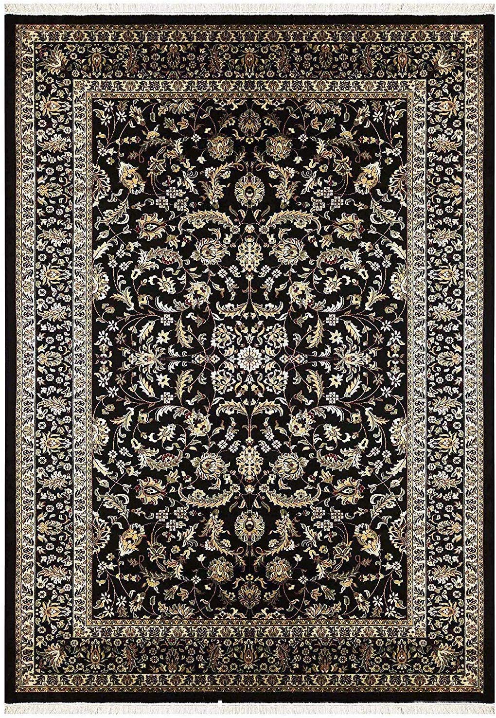 Carpet Campus New Kashmiri Silk Persian & Ancient Washable Pure Silk Carpets for Living Room Bedroom & Hall (0.5" inch Thickness Size 5x7 feet-150x215 cm)-Color Black &Beige