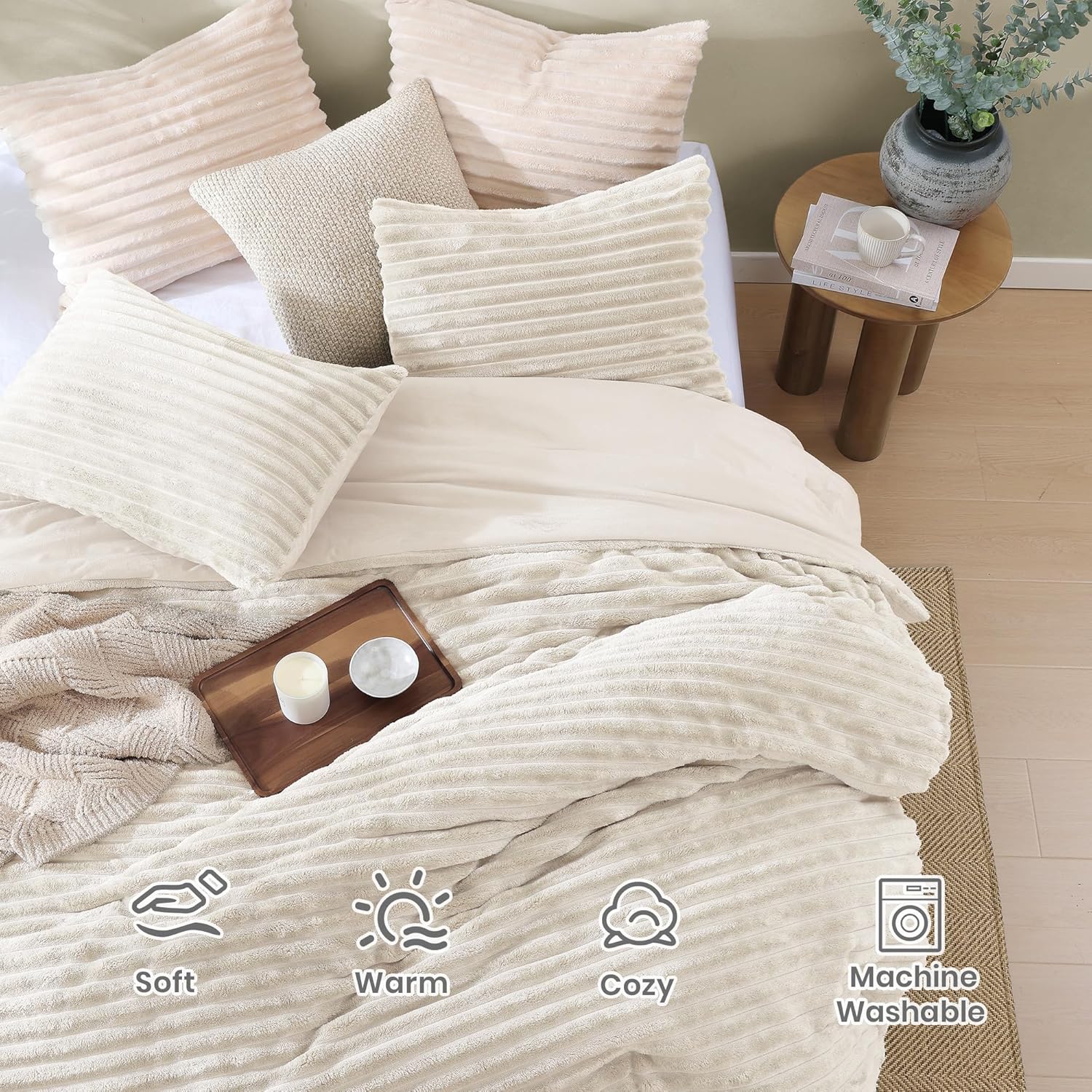 Geniospin Luxury Fluffy King Comforter Set-3 Pieces, Ivory Comforter King Size All Seasons, Faux Fur Bedding Set, Plush Fuzzy Comforter(Ivory, 102''x90'')