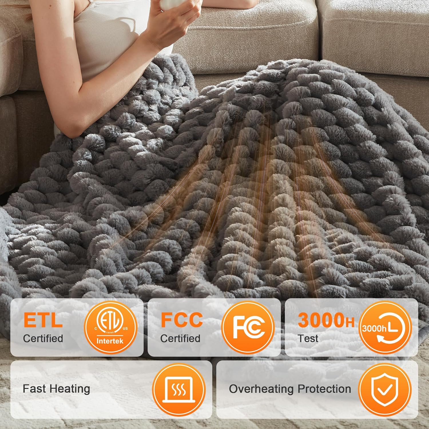 Heated Throw Blanket - Fast Heating 3D Jacquard Electric Heated Blanket, Cozy Heating Blanket with 6 Heating Settings & 4 Hours Auto-Off, Machine Washable, 50"x60", London Grey - Image 3