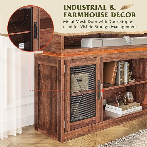 Miniatura 6 de WLIVE Soporte de TV de granja para TV de 65 pulgadas, centro de entretenimiento alto con armarios de almacenamiento, mueble de TV con consola Marrón