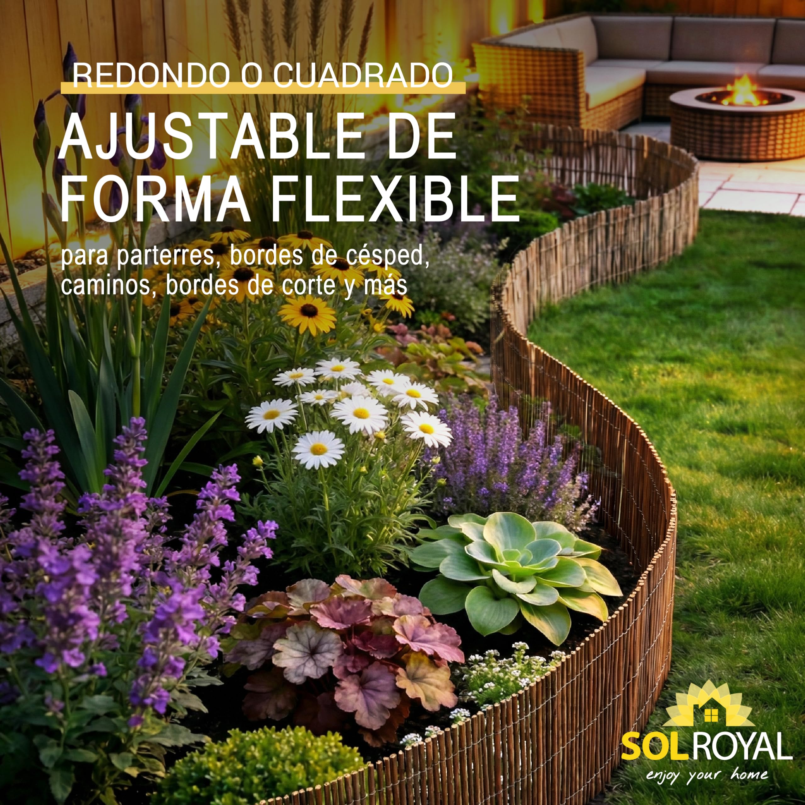 Sol Royal Bordura Jardin Exterior de Mimbre 40 cm Alto – Vallas Jardin Flexible con 7 Estacas y 14 Bridas – Borde Exterior Separador 40x300 cm – WB79