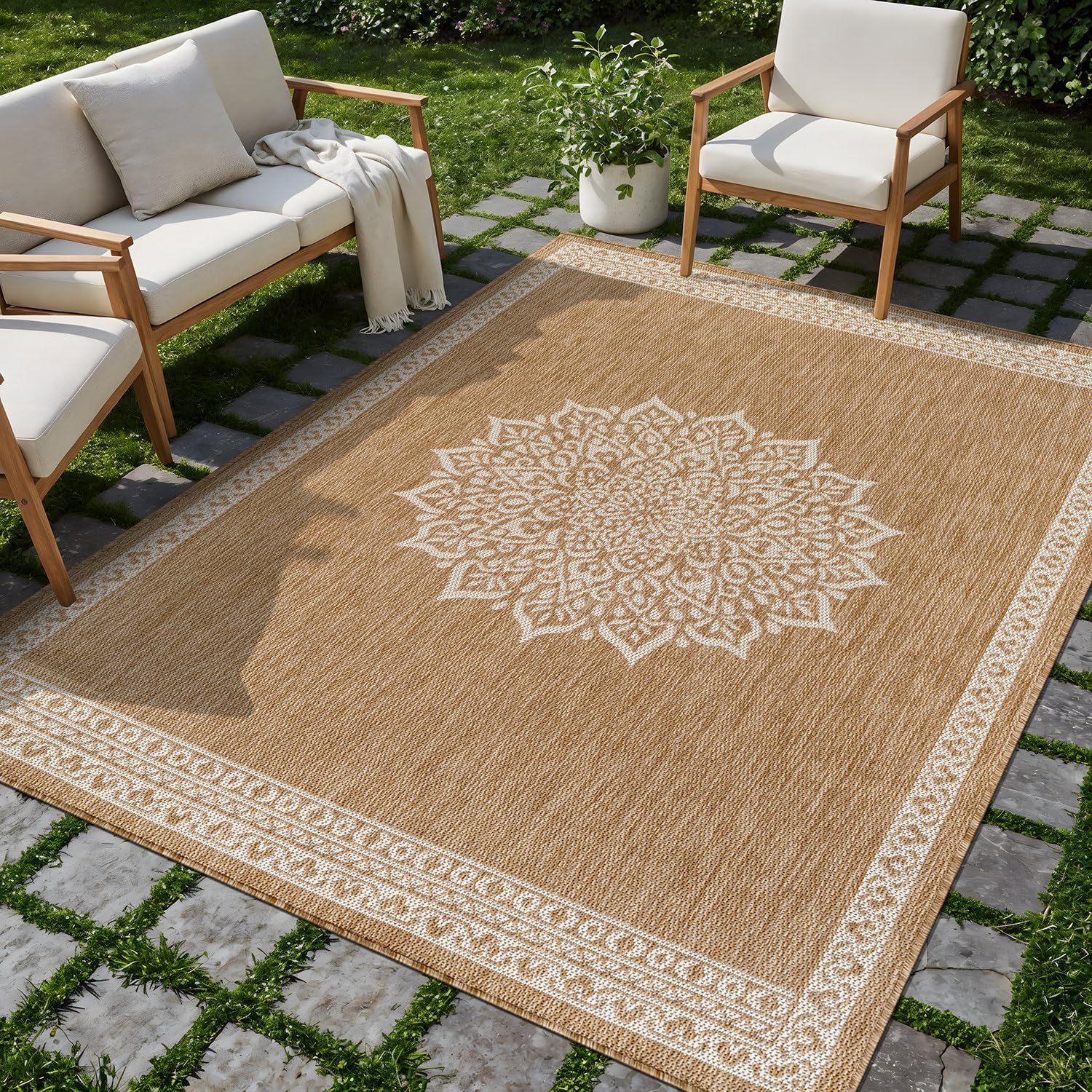 CAMILSON Outdoor Rug 5x7 Medallion Natural Modern Area Rugs for Indoor and Outdoor Patios Kitchen and Hallway Mats Washable Porch Deck Outside Carpet (Medallion Natural 5 x 7)