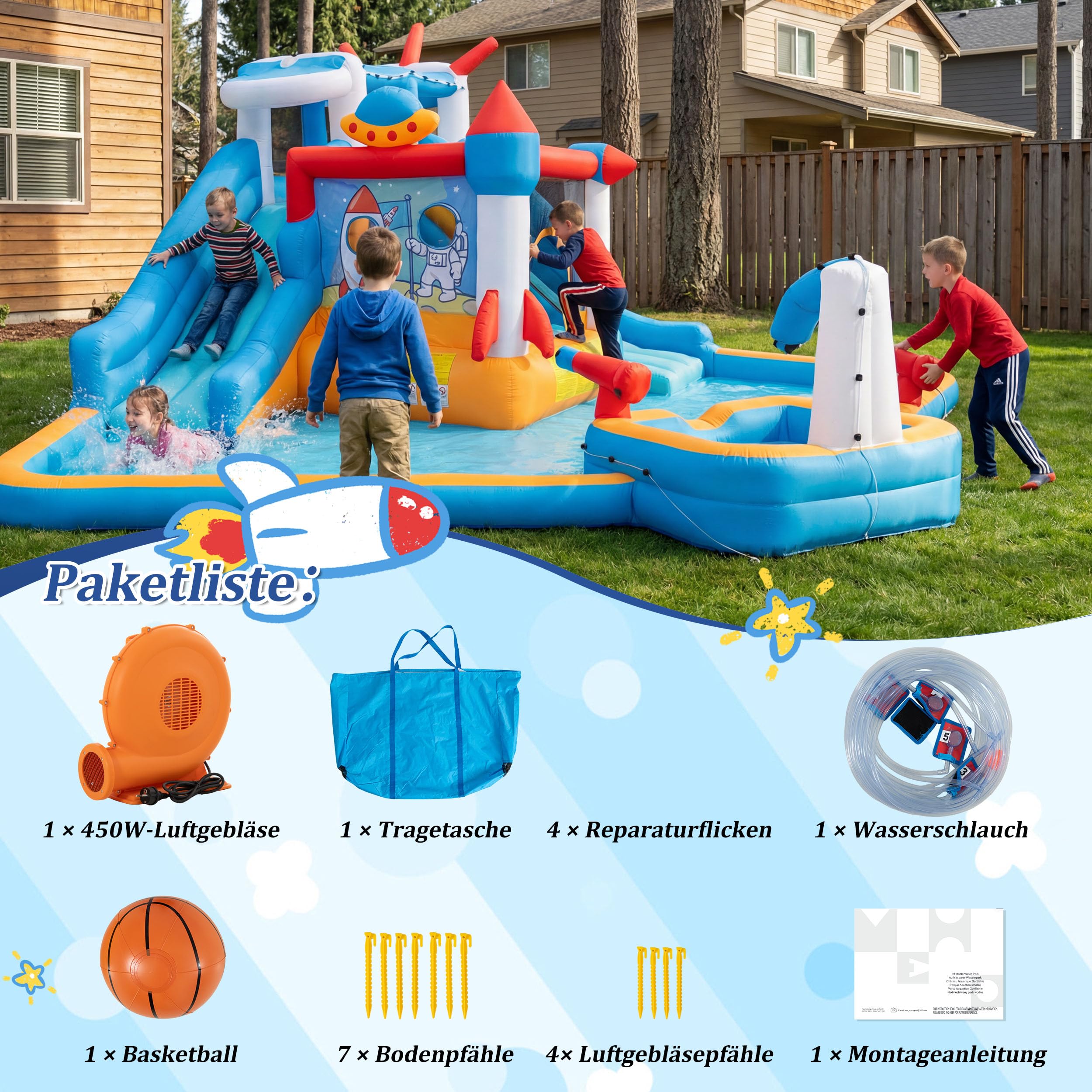 UEV Aufblasbarer 6-in-1 Hüpfburg XXL mit Gebläse 580W, Trocken-/Wasserrutsche, Wasserpark Groß for Indoor & Outdoor,Raketen-Thema, EN71-1/2/3, geeignet für Kinder von 3 bis 10 Jahren, 452x437x213cm