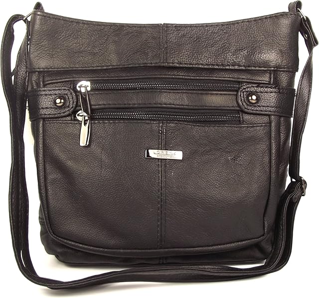 Black Genuine Real Leather Ladies Medium Handbag Shoulder Bag Long Strap, Cross the Body, Messenger.
