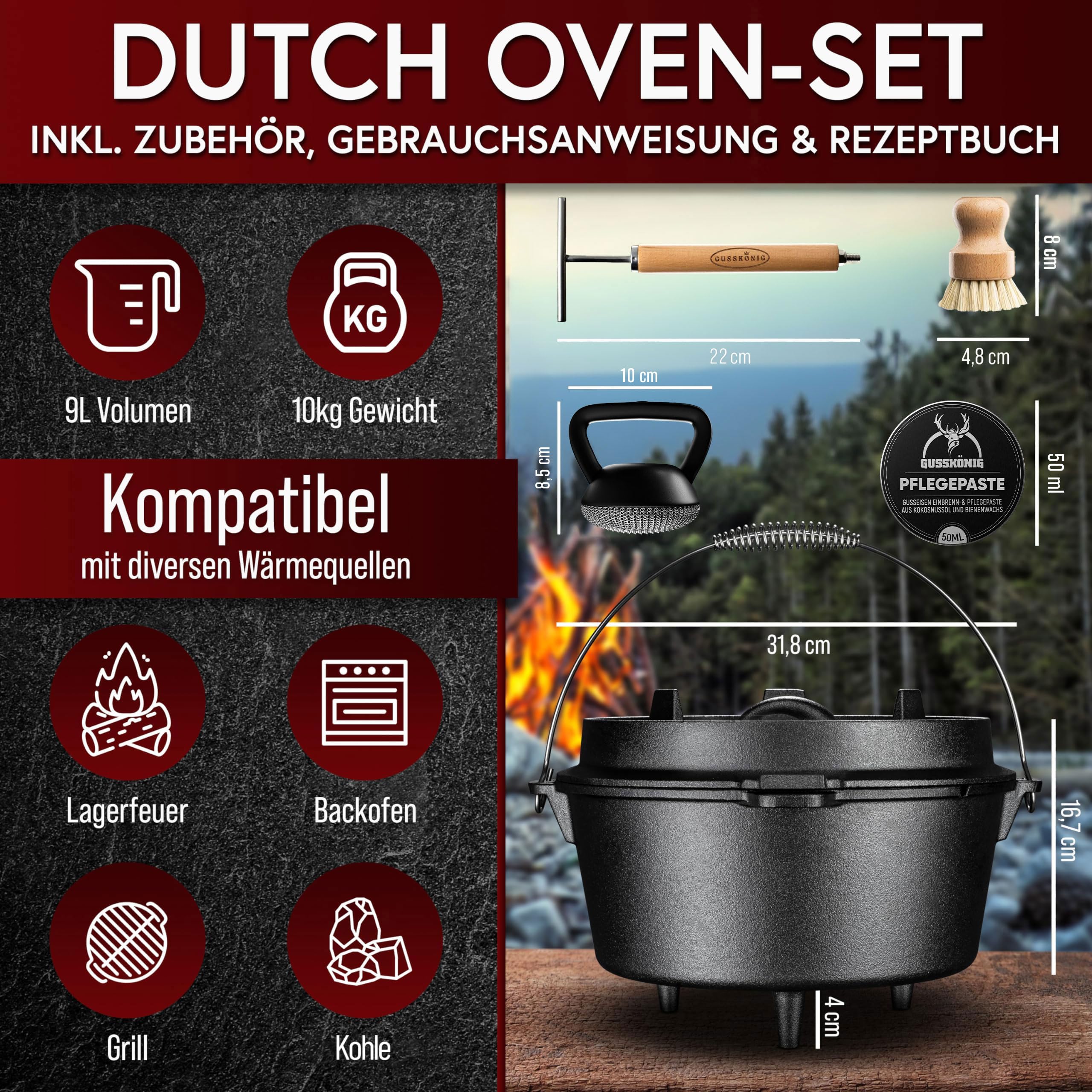 GUSSKÖNIG Dutch Oven Set–Eingebrannter Dutch Oven 9L[4-8 Person]- Feuertopf Gusseisen mit Füße–Schmortopf Doppelfunktion–2in1 Deckelheber, Schrubber, Pflegepaste, Bürste & Rezeptbuch-30 Jahre Garantie