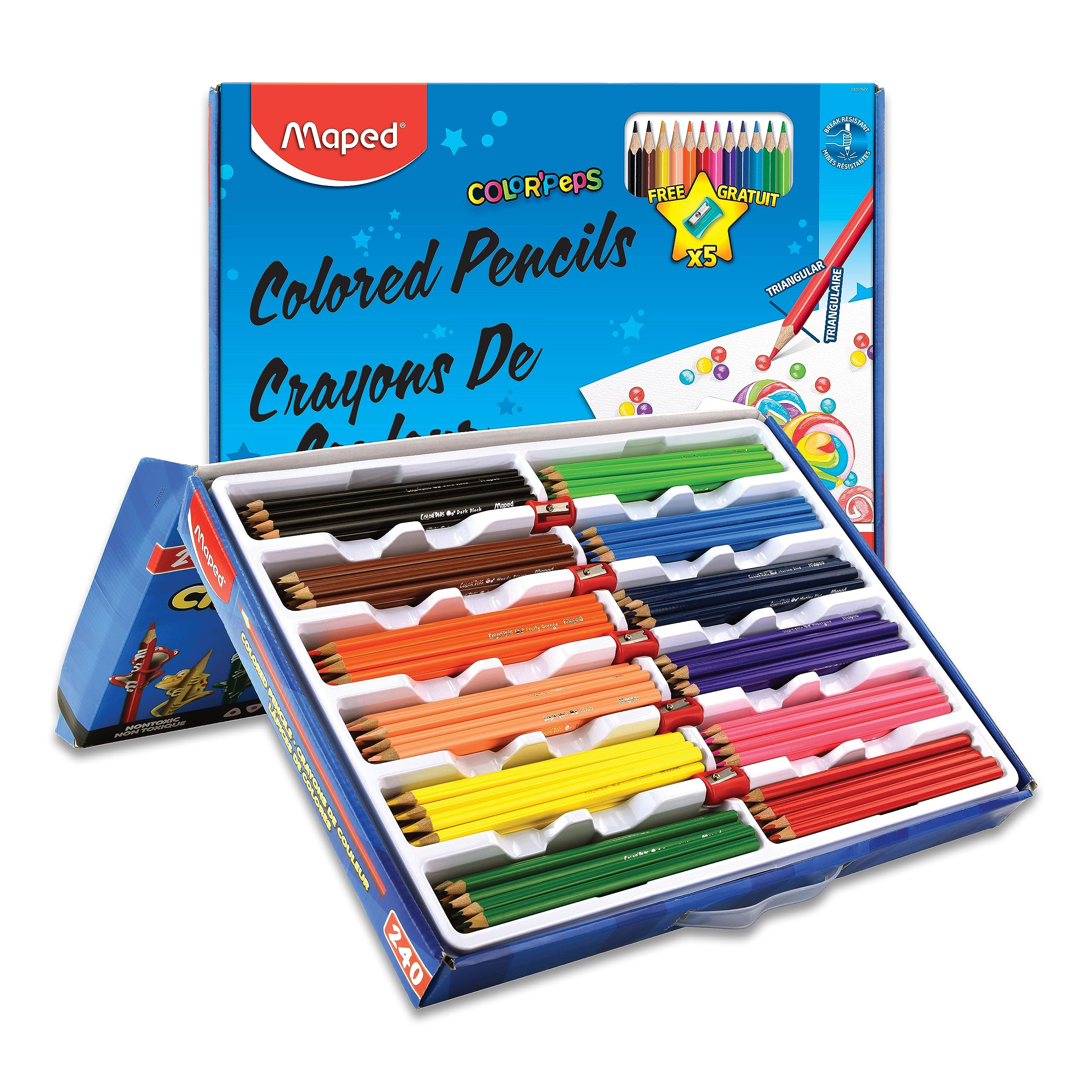 Maped - Color'Peps Triangular Colored Pencils School Pack - 240 Pack + 5 FREE Pencil Sharpeners - Vibrant Colors