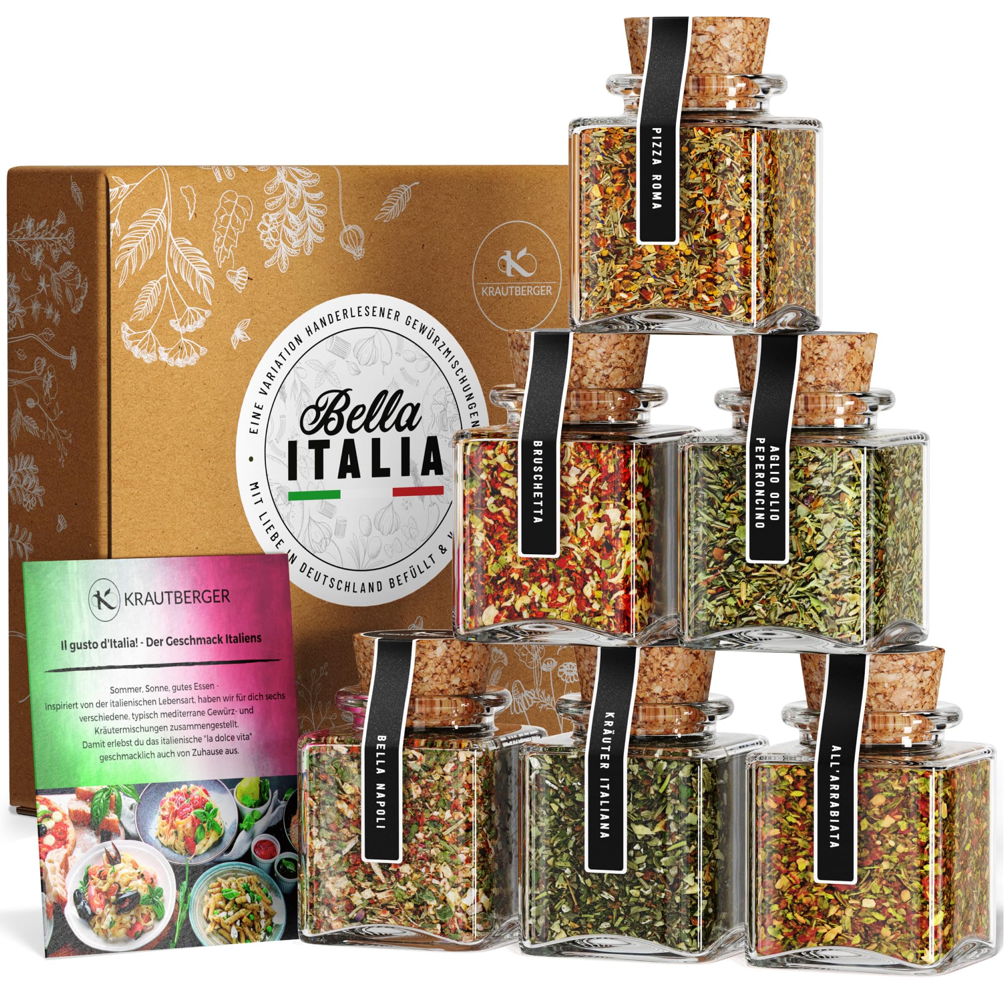 UMBRELLA® Bio Italien Geschenkbox Bella Italia – 6 italienische Kräuter & Gewürzmischungen inkl. Rezepten – Premium Geschenkset für Italien-Fans & Hobbyköche
