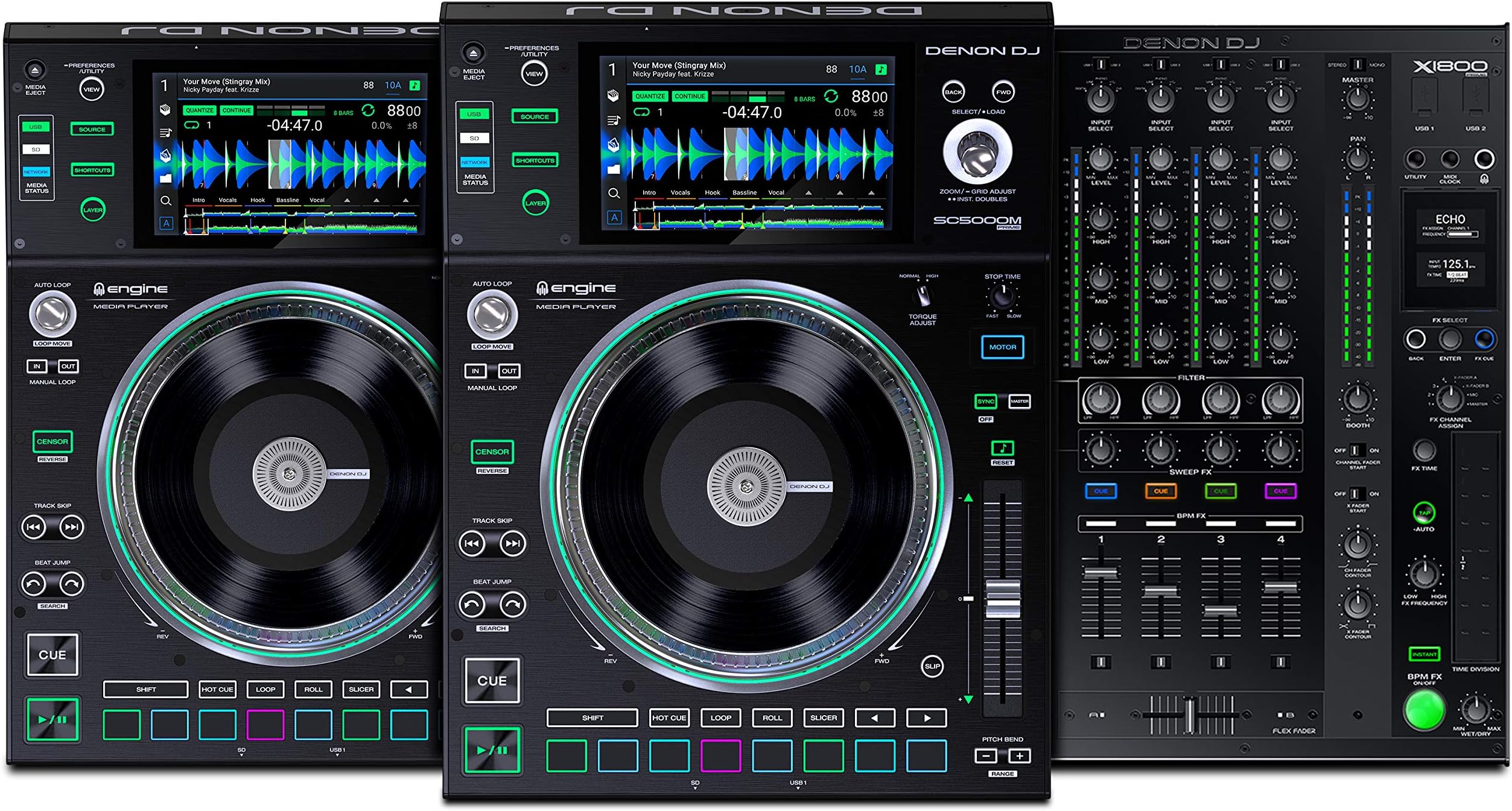 Denon DJ SC5000M & X1800 Bundle | Complete DJ System Including a Rane DJ X1800 Mixer and 2 SC5000M Media Players