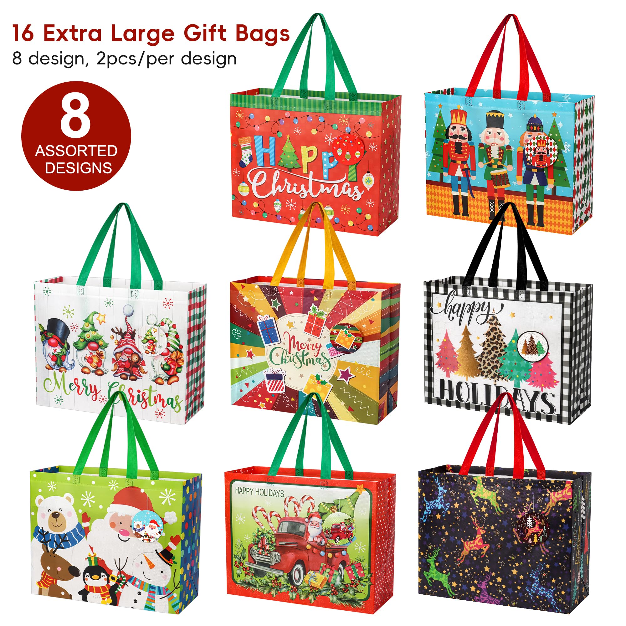 Grand Sacs Cadeau de Noël- Lot de 16 Sac de Cadeaux Noël en Non Tissé, Pochette Fourre-tout de Noel avec Poignées, Sacs à Courses Réutilisables pour Fournitures de Fête de Noël(42 X 33 X 16CM)