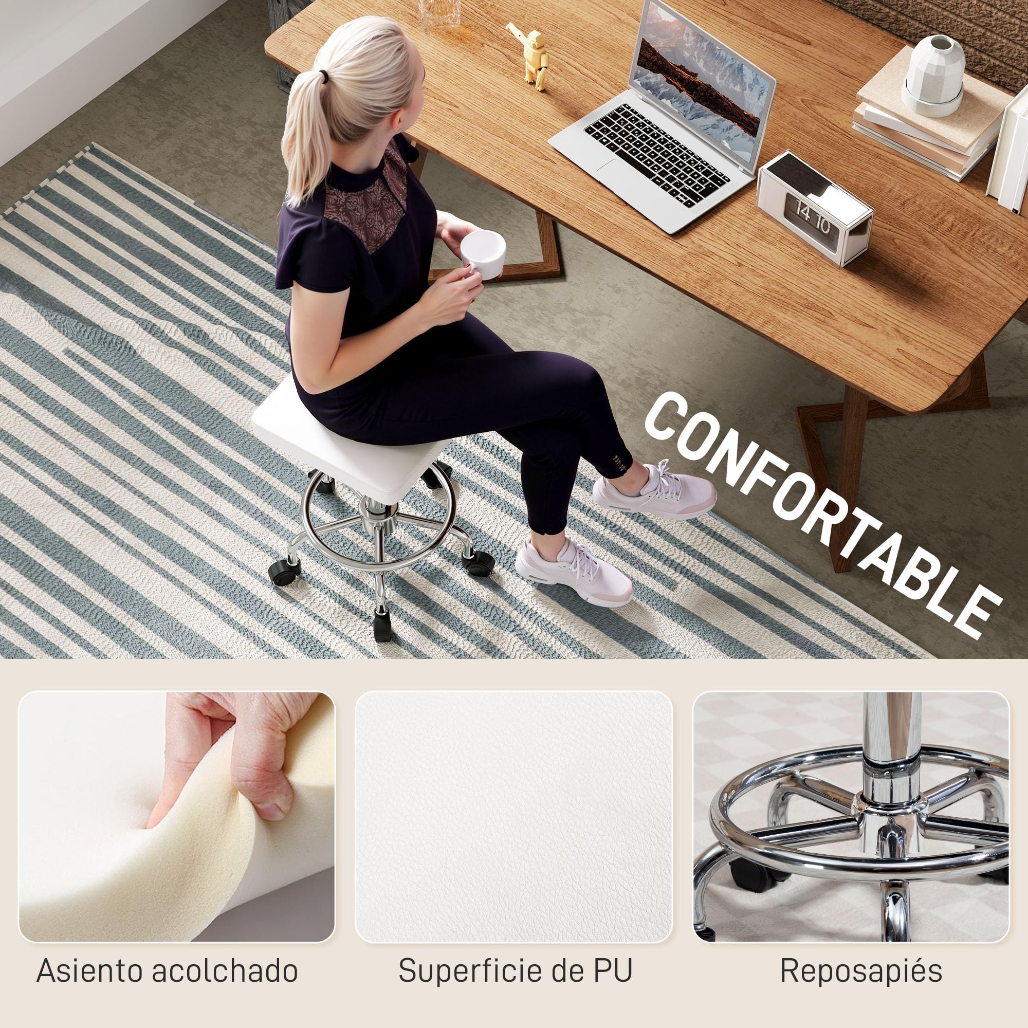 HOMCOM Taburete Giratorio Taburete con Ruedas Altura Regulable 50-66 cm Asiento Tapizado de Cuero Sintético Reposapiés para Salones y Talleres Blanco