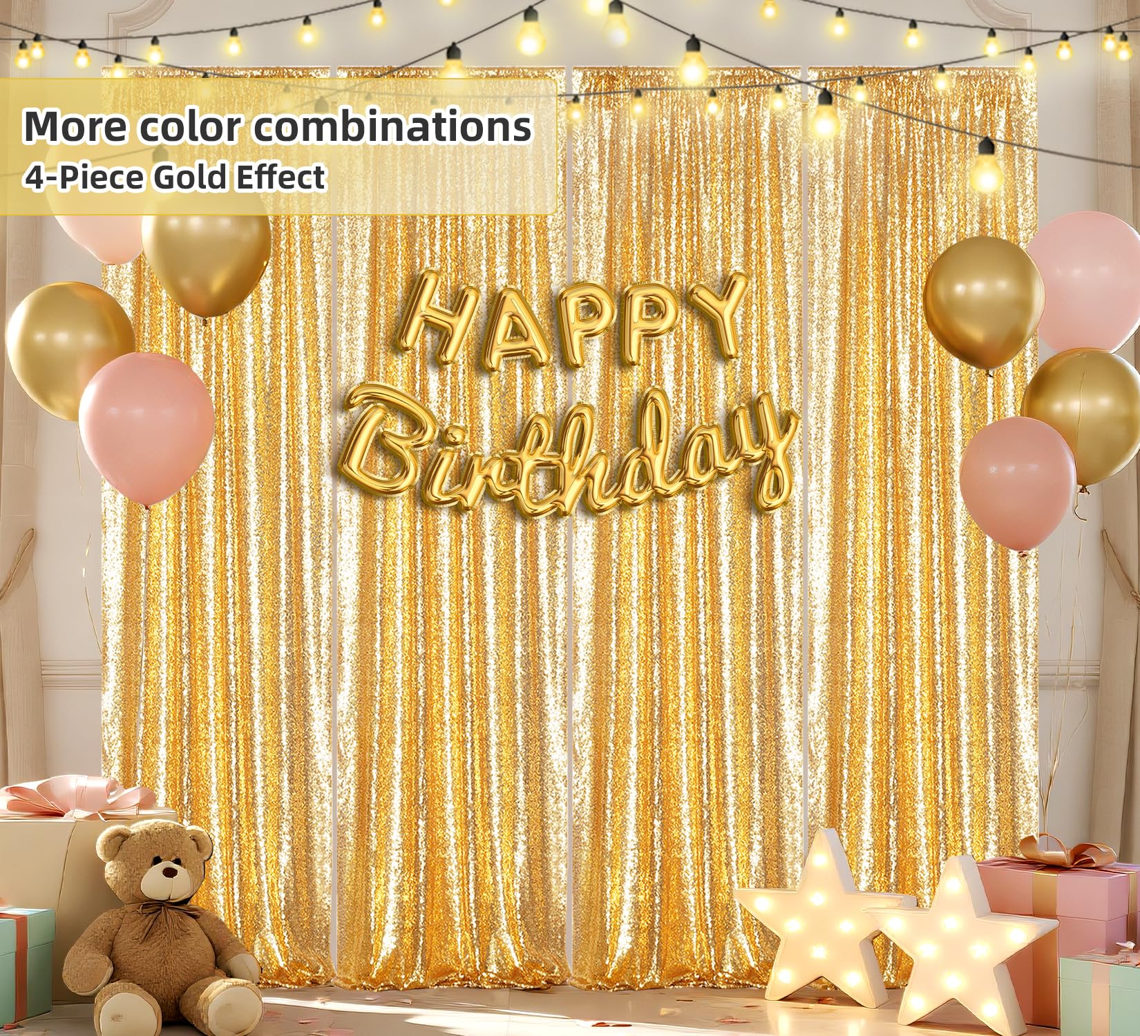 Juya Delight - Tenda per sfondo fotografico con paillettes, 0,6 x 2,4 m, 2 pezzi, colore: Oro