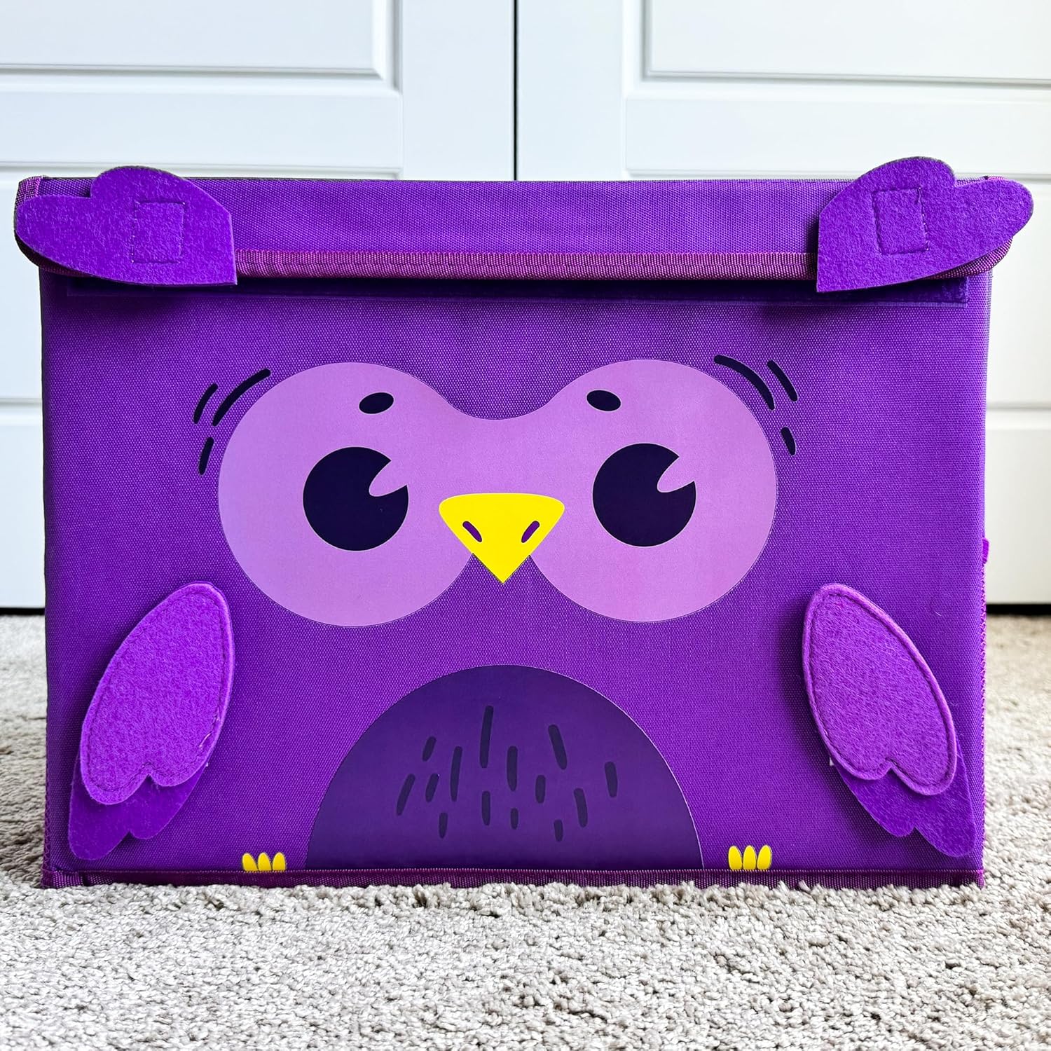 QUOKKA Toy Storage Box for Boys and Girls – 16x12x10 In Owl Toy Chest Organizer for Kids – | Collapsible | Handles | Flip-Top Lids | – Fabric Foldable Bin for Playroom – Nursery Room Organization