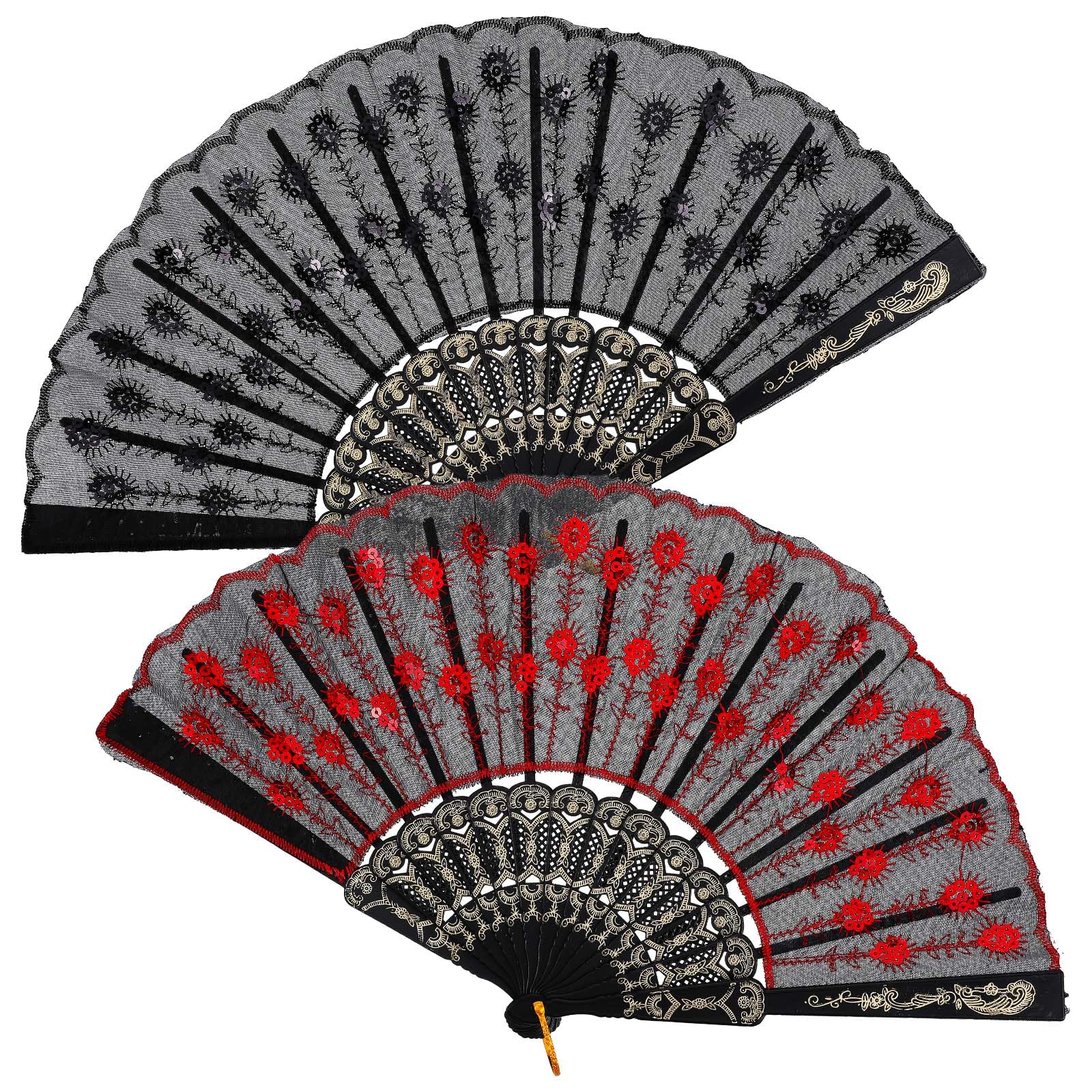 Grevosea 2 Pcs Folding Hand Fan, Elegant Colorful Embroidered Flower Peacock Pattern Sequin Fabric Folding Handheld Hand Fan for Flamenco Dancer Dancing 1920s Women Costume Decoration Festival Gift