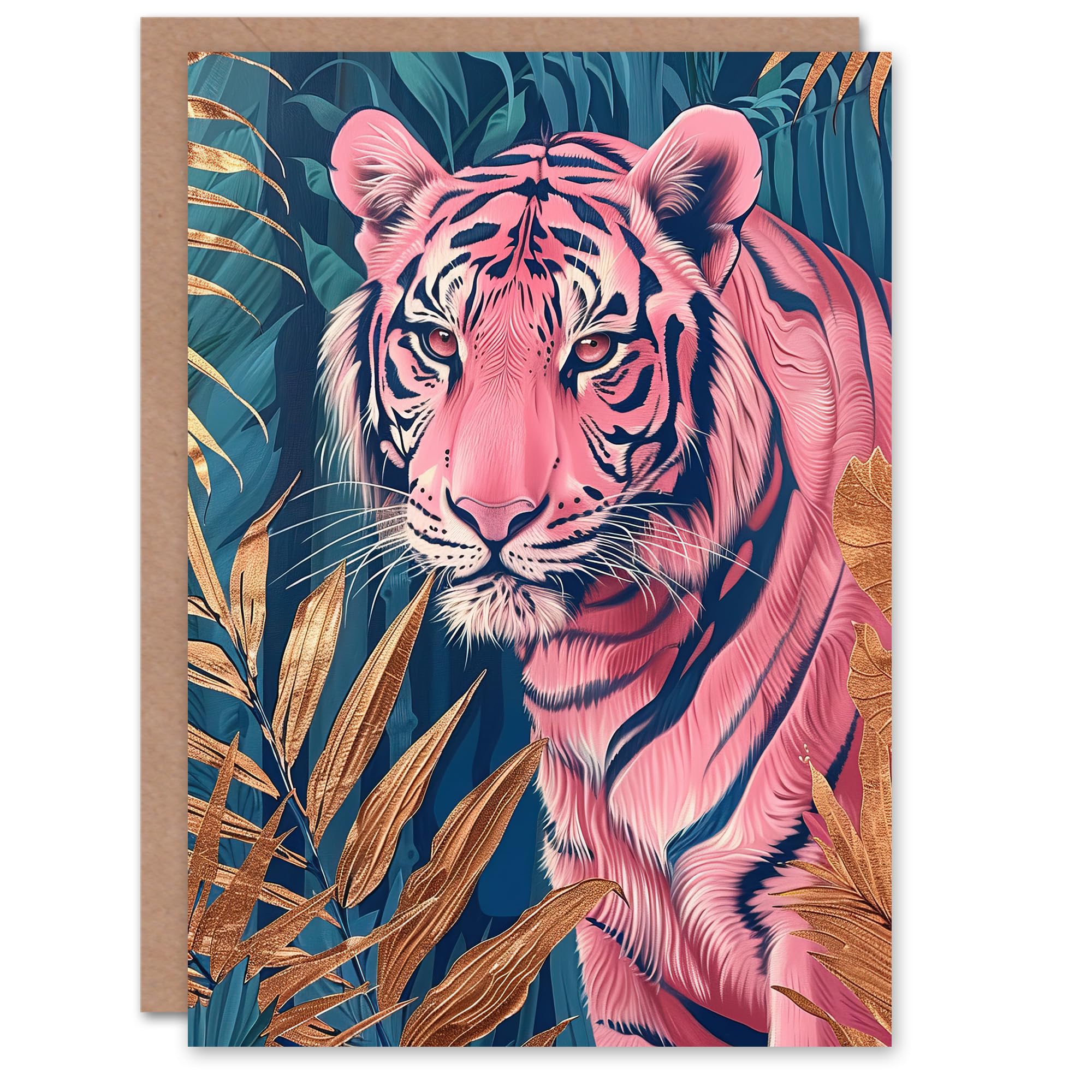 Artery8 Greeting Card Majestic Pink Tiger in Blue Gold Tropical Jungle Blank For Him Or Her Art Birthday Card