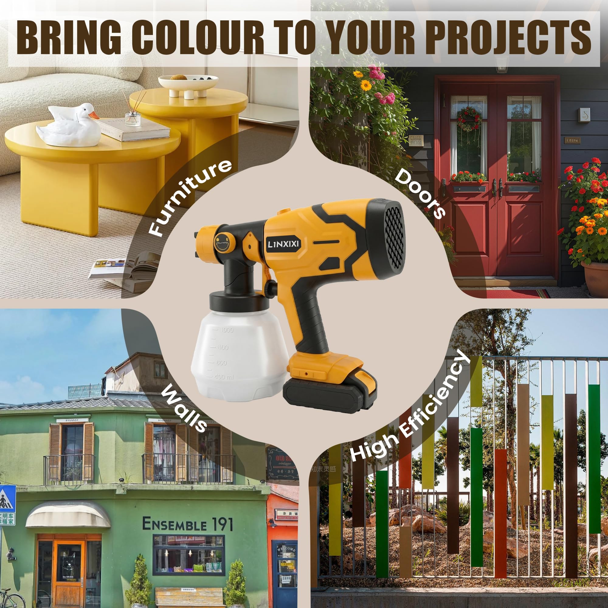 Pulverizador de pintura inalámbrico compatible con batería Dewalt de 20 V, pistola de pintura eléctrica HVLP con 3 boquillas de cobre y 3 patrones para cobertizos, paredes, techos, armarios