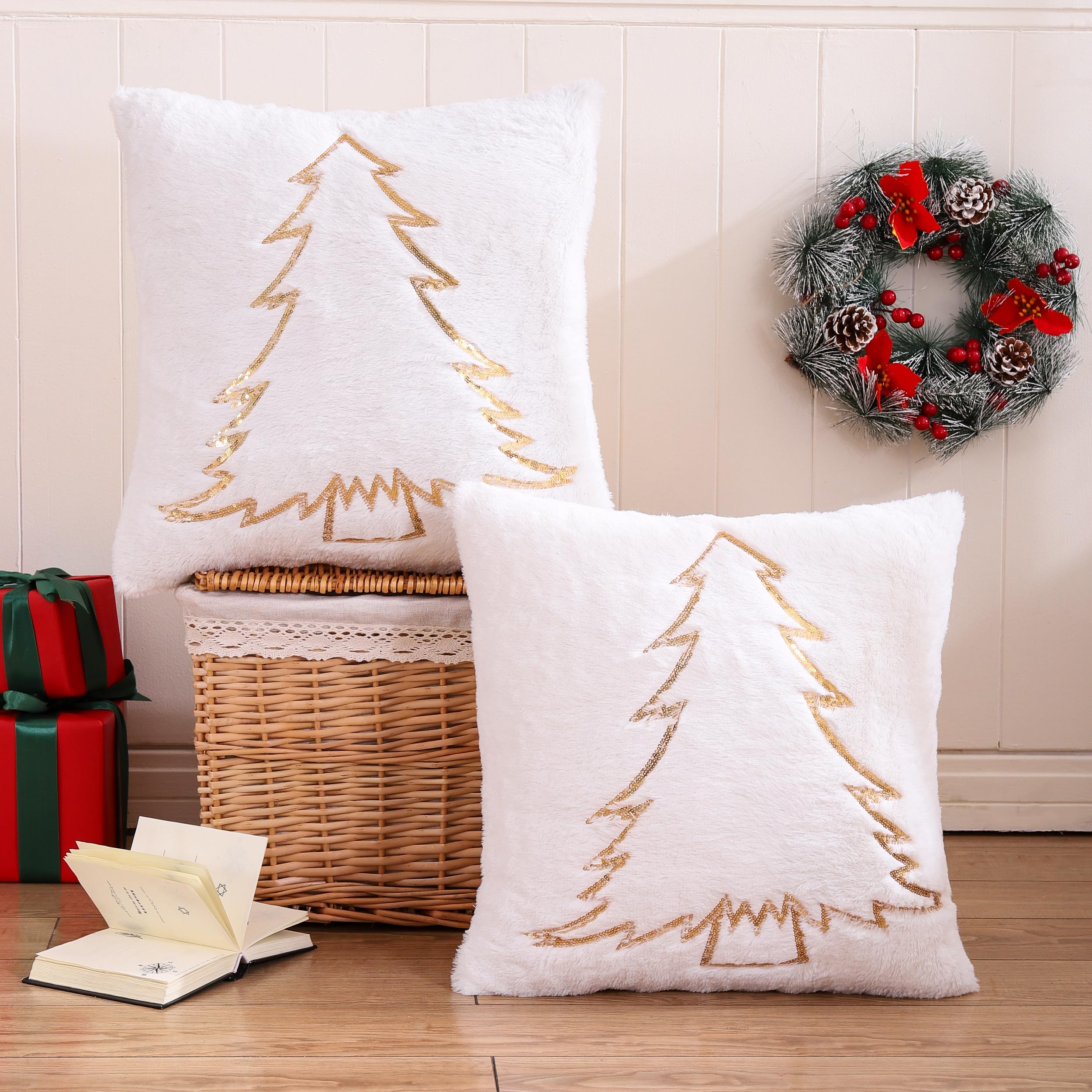 Herfair Weihnachtskissen 45x45cm - 2er Set Mit Baum & Stern Stickerei